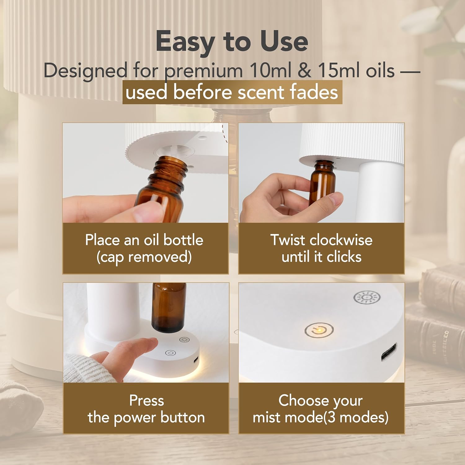 Waterless Essential Oil Diffuser Cordless Nebulizing Aroma Diffuser Whisper-Quiet 38dB USB-C Rechargeable Sculptural Korean Design Fits 10ml & 15ml Bottles Compact for Bedroom Office Spa