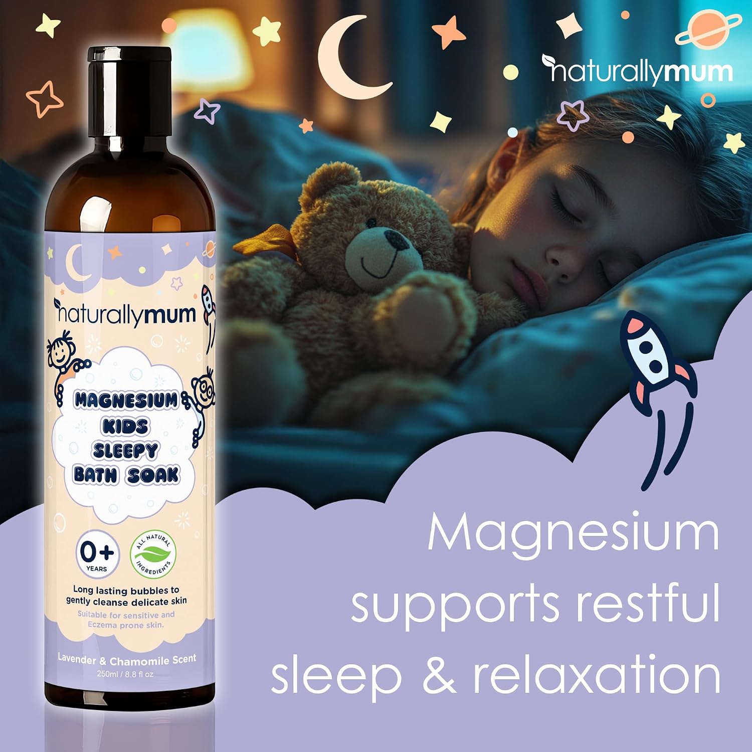 NaturallyMum Kids Magnesium Sleepy Bath Soak - Bubble Bath - All-Natural & Calming - Suitable for Newborns with Dry & Sensitive Skin - Lavender & Chamomile Essential Oils – Made in UK - 8.8fl oz