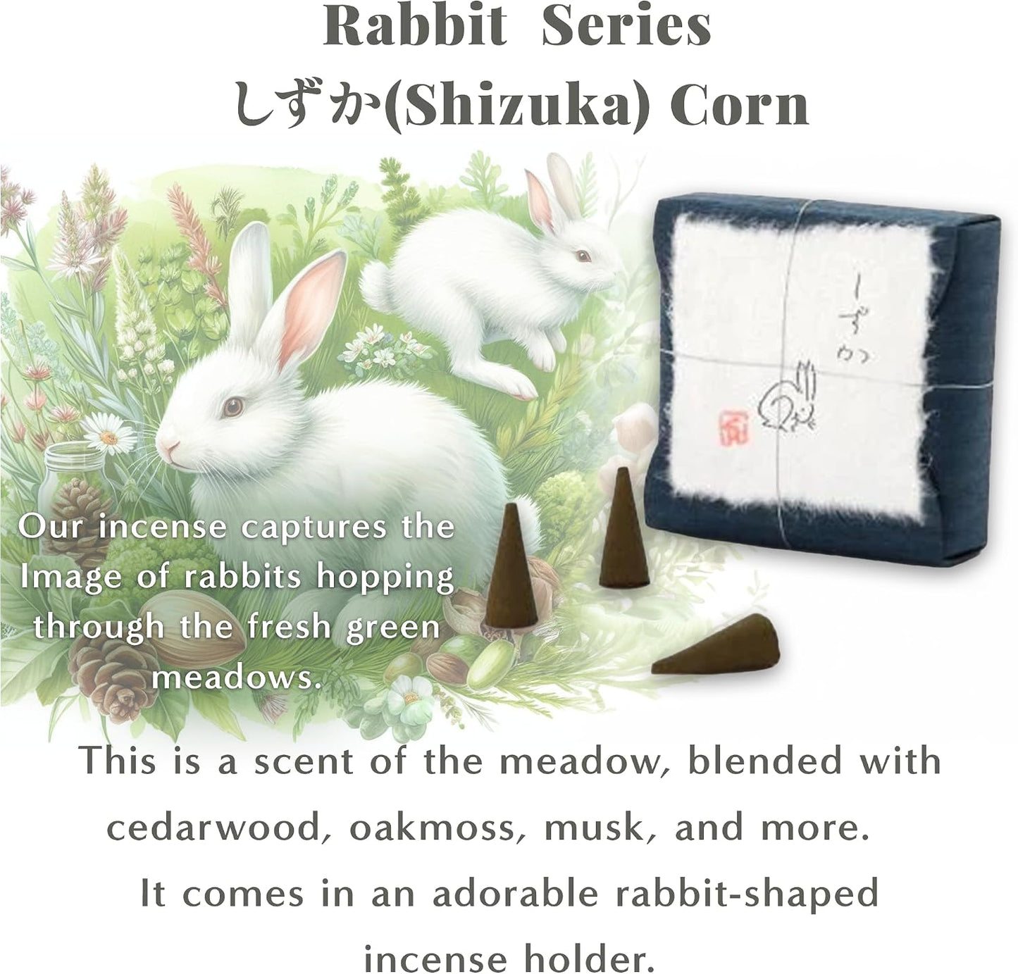 Hasegawa Rabbit Series Japanese Incense Cones: 12 Cones, Gentle Aroma with Adorable Rabbit Illustration, Made in Japan, 15-17 Min Burn Time (Shizuka: A Tranquil Meadow Fragrance)