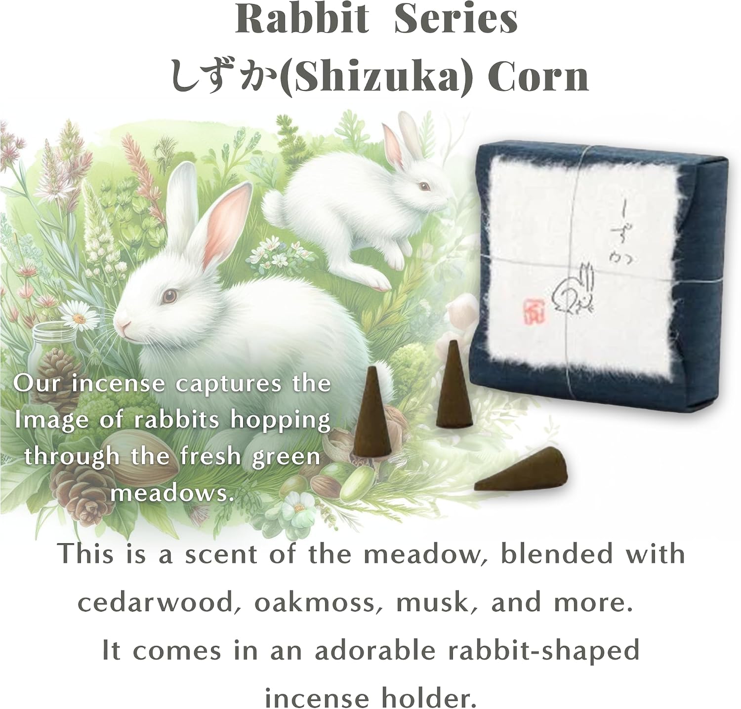 Hasegawa Rabbit Series Japanese Incense Cones: 12 Cones, Gentle Aroma with Adorable Rabbit Illustration, Made in Japan, 15-17 Min Burn Time (Shizuka: A Tranquil Meadow Fragrance)