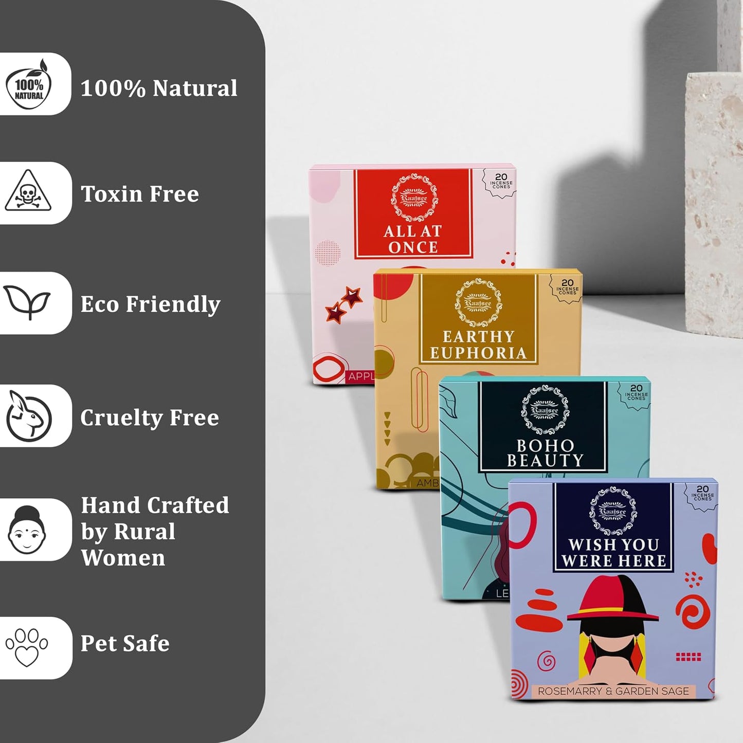 Raajsee Incense Cones, 6 Pack Cone Incense Gift Pack 15 pc Each (90 Total), 100% Organic Non Toxic Natural Insence Cones Variety Pack