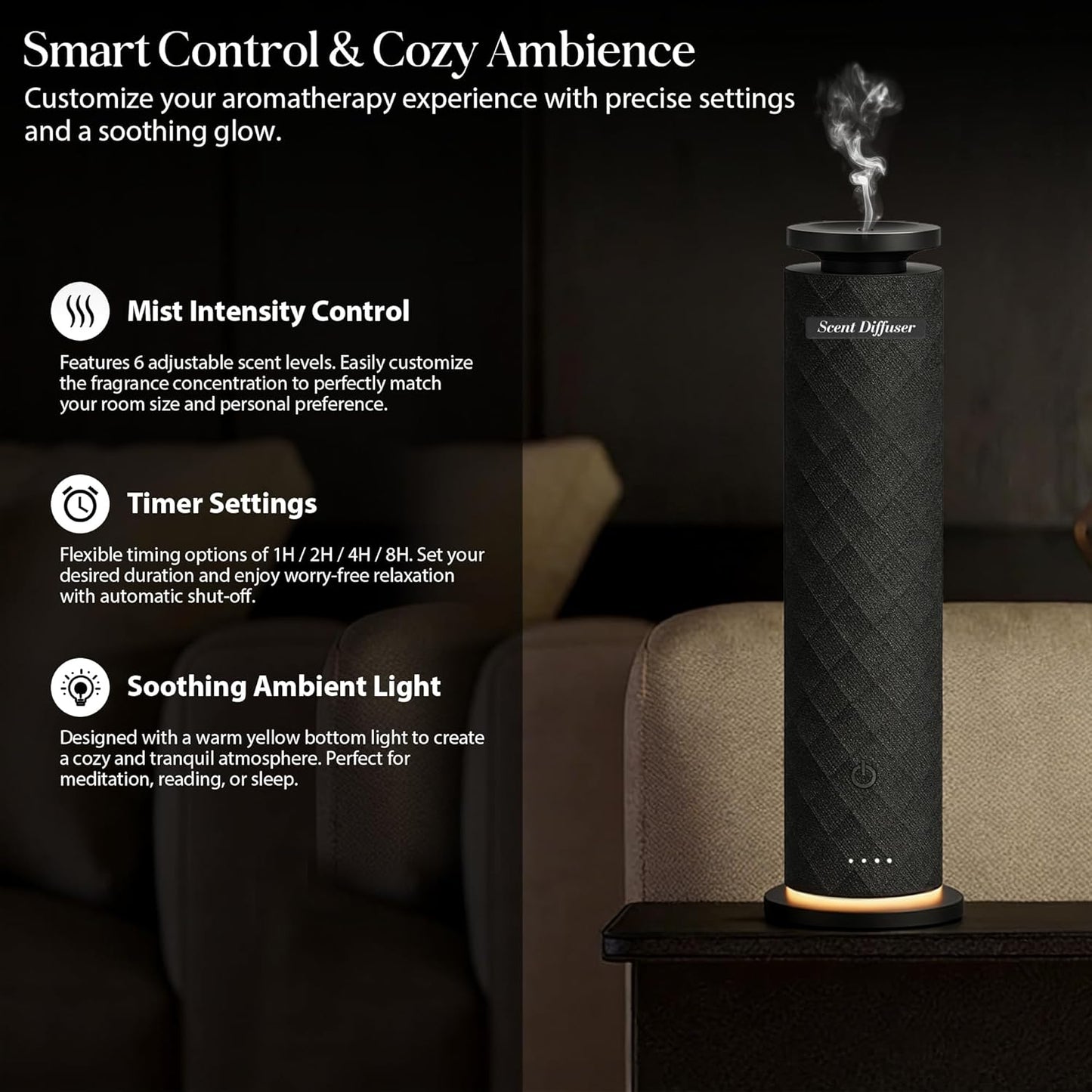Waterless Scent Diffuser Starter Kit with 5 Oils, Luxury Hotel Style Cold Air Diffuser Oil Machine for Home, 1000 Sq Ft Coverage, Quiet Nebulizing Aromatherapy with Remote, Tower Fabric Design, Black