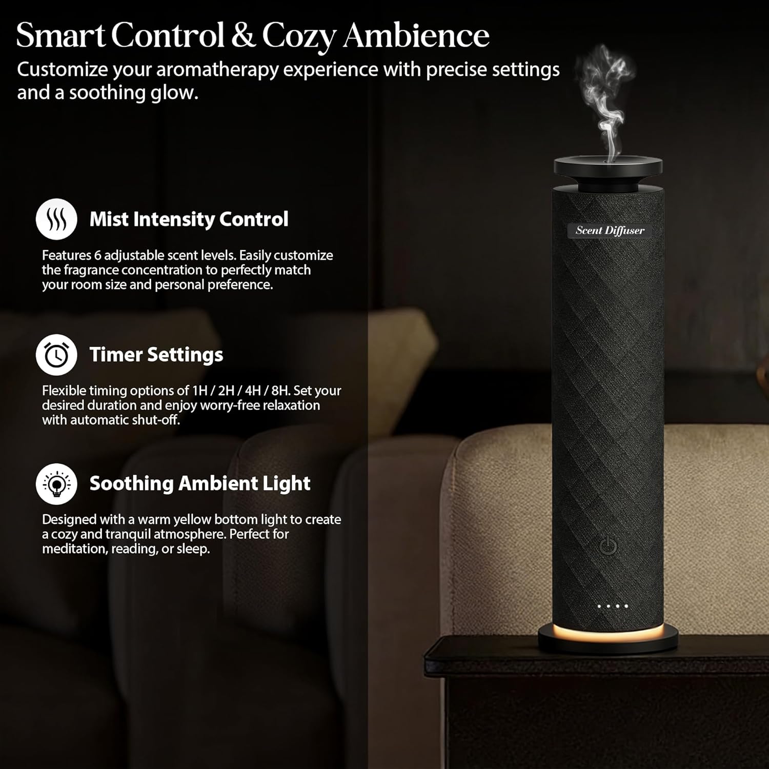 Waterless Scent Diffuser Starter Kit with 5 Oils, Luxury Hotel Style Cold Air Diffuser Oil Machine for Home, 1000 Sq Ft Coverage, Quiet Nebulizing Aromatherapy with Remote, Tower Fabric Design, Black