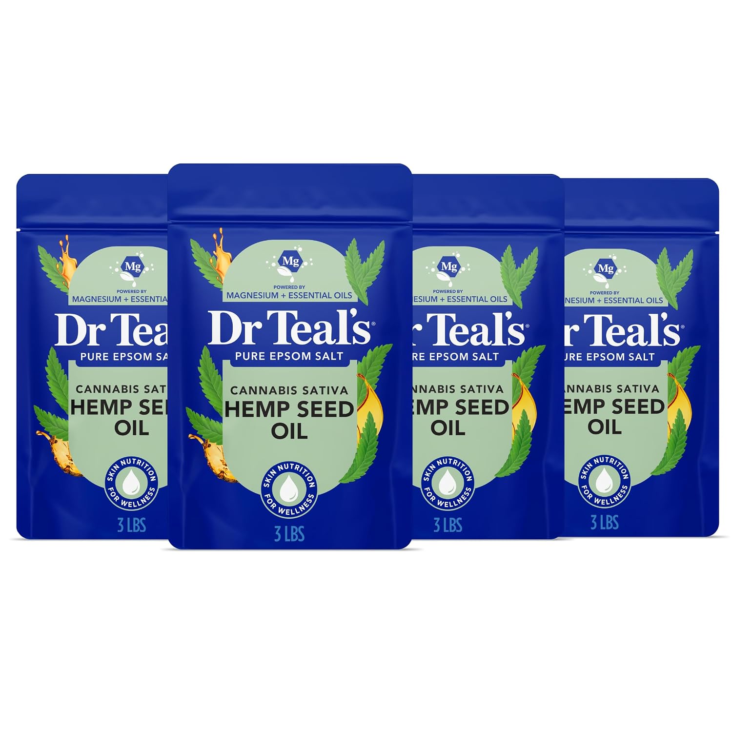 Dr Teal's Pure Epsom Salt, Cannabis Sativa Hemp Seed Oil, 3 lb (Pack of 4)