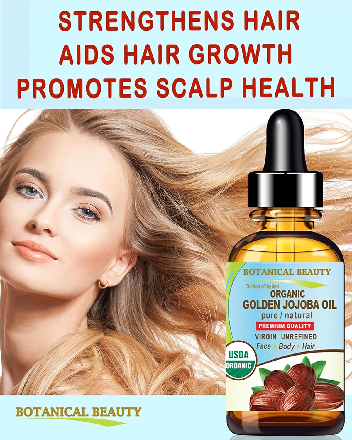 Botanical Beauty Organic JOJOBA OIL 100% Pure Natural VIRGIN UNREFINED Cold-Pressed Carrier Oil 0.5 Fl oz 15 ml for Face, Skin, Body, Hair, Lip, Nails. Rich in Vitamin E, Omega 6, Omega 9