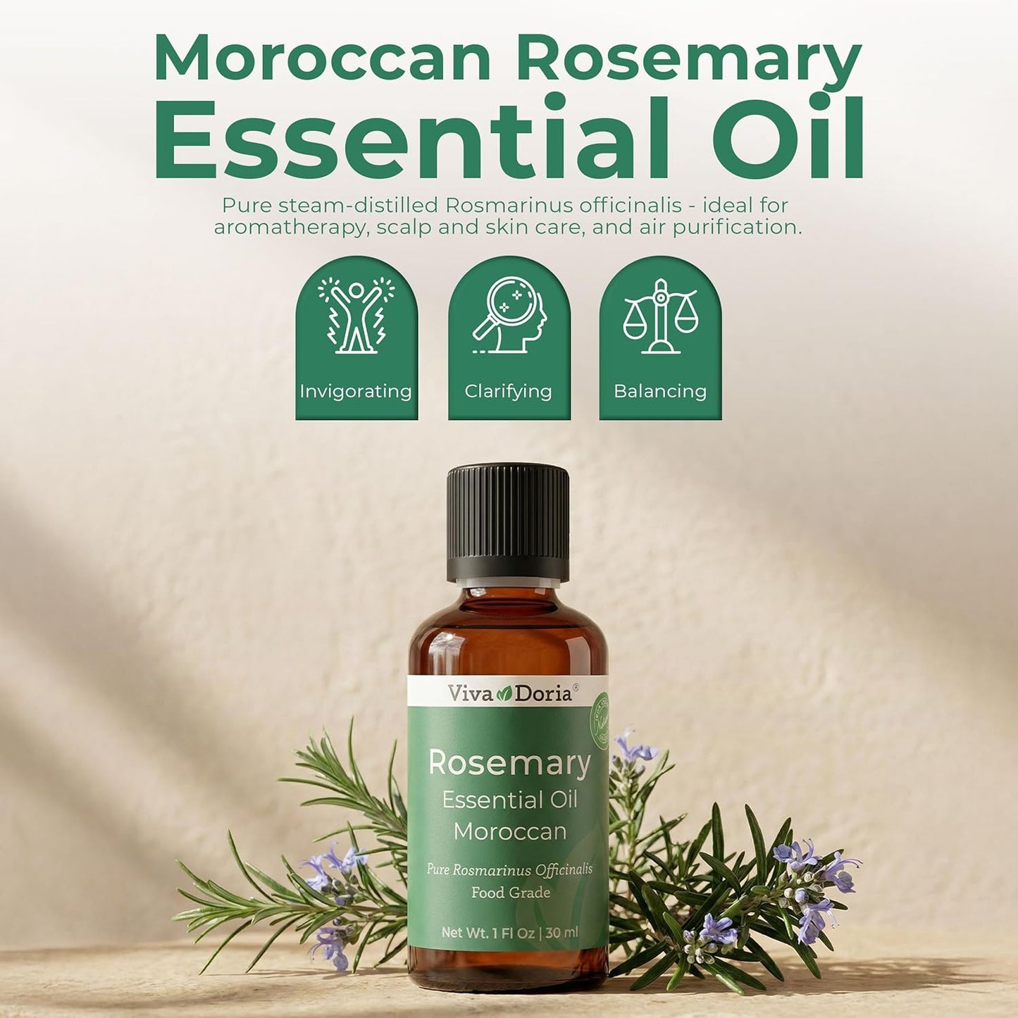 Viva Doria Rosemary Essential Oil, 100% Pure, Natural Essential Oil, Undiluted, for Aromatherapy | Food Grade, 30 mL (1 Fluid Ounce)