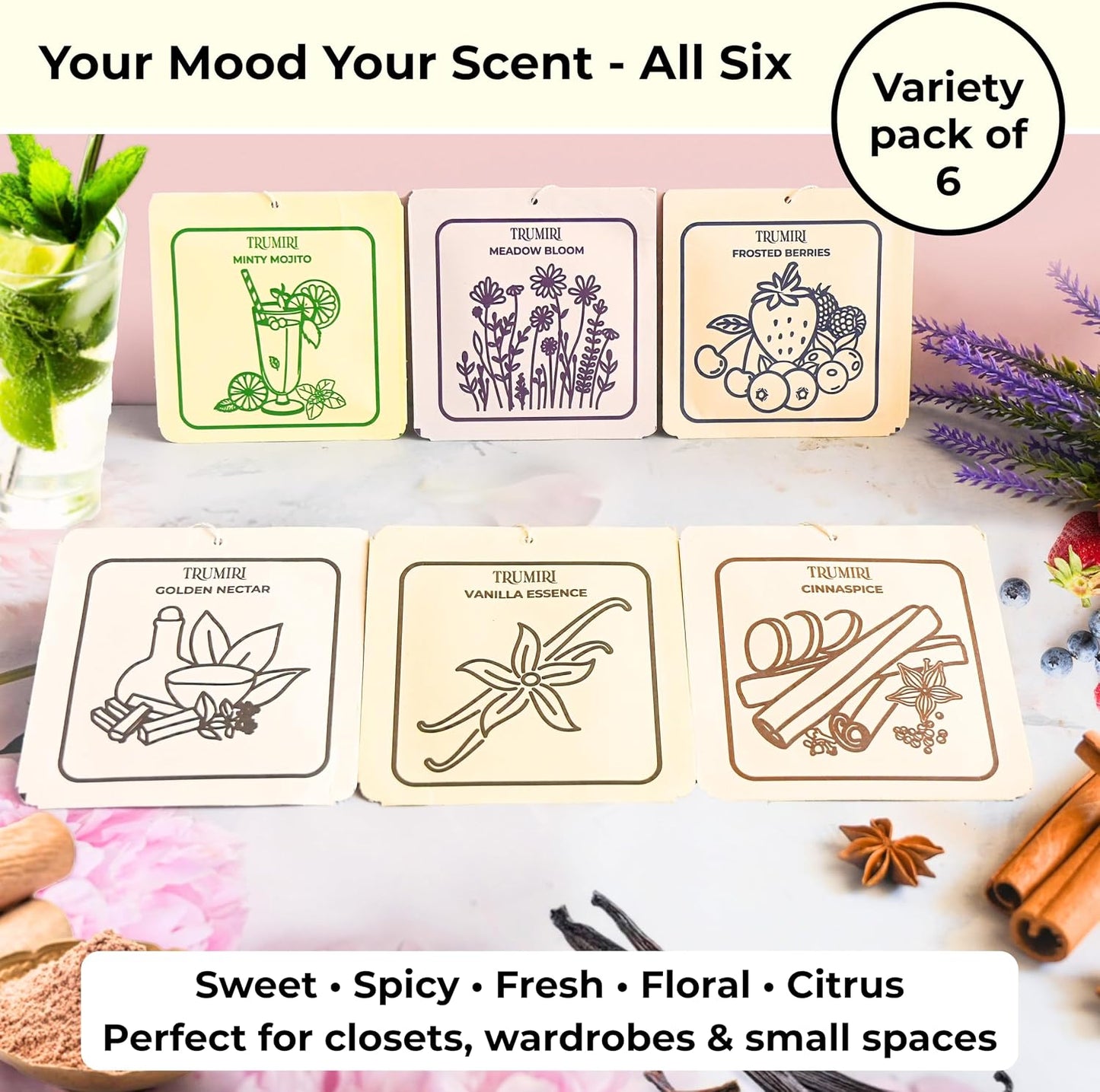 Scented Sachets for Drawer and Closet Freshener with Long Lasting Scent - Variety Pack of 6 - Frosted Berries|Cinnaspice|Vanilla Essence|Minty Mojito|Meadow Bloom|Golden Nectar - Home Fragrance