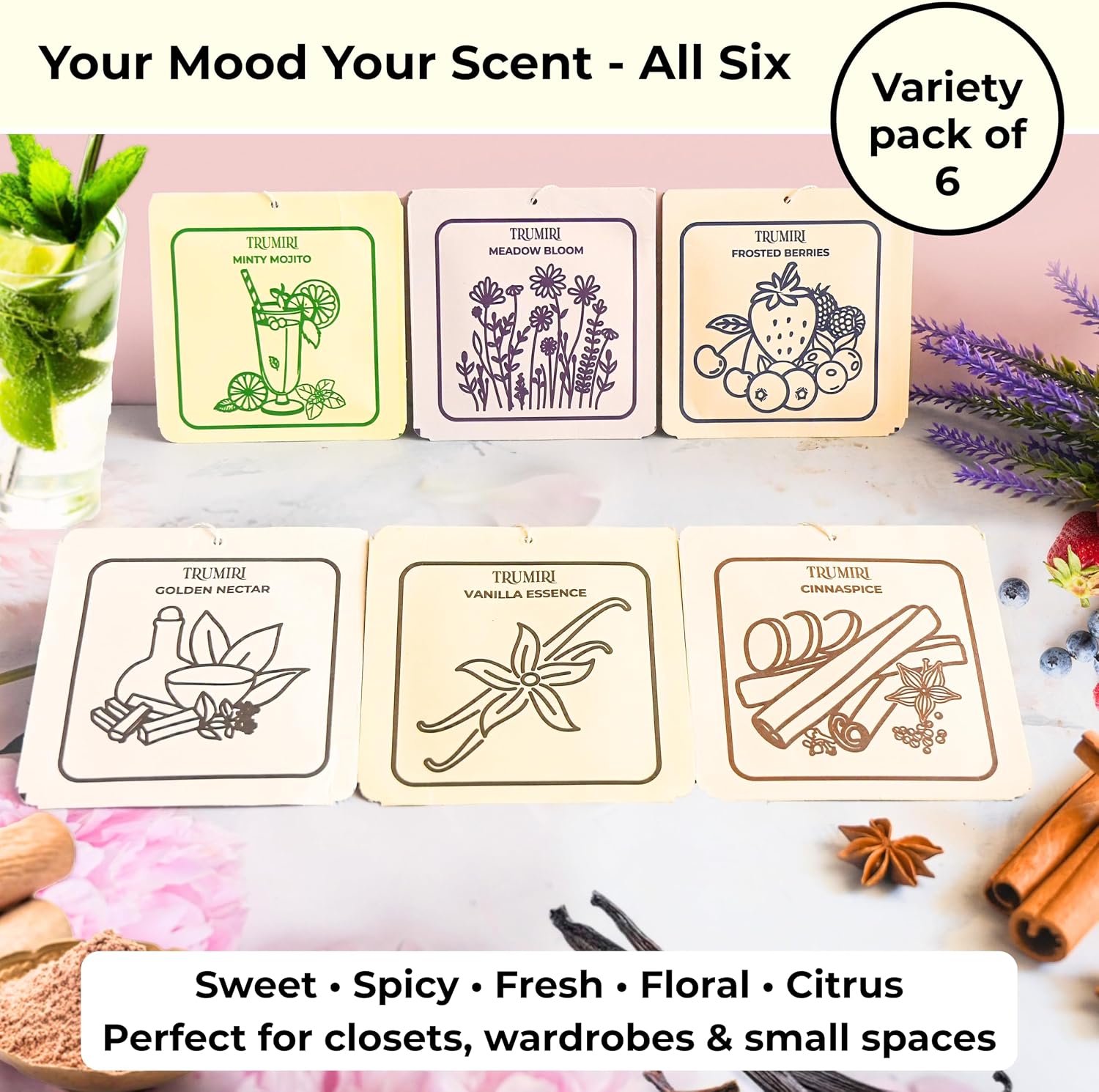 Scented Sachets for Drawer and Closet Freshener with Long Lasting Scent - Variety Pack of 6 - Frosted Berries|Cinnaspice|Vanilla Essence|Minty Mojito|Meadow Bloom|Golden Nectar - Home Fragrance