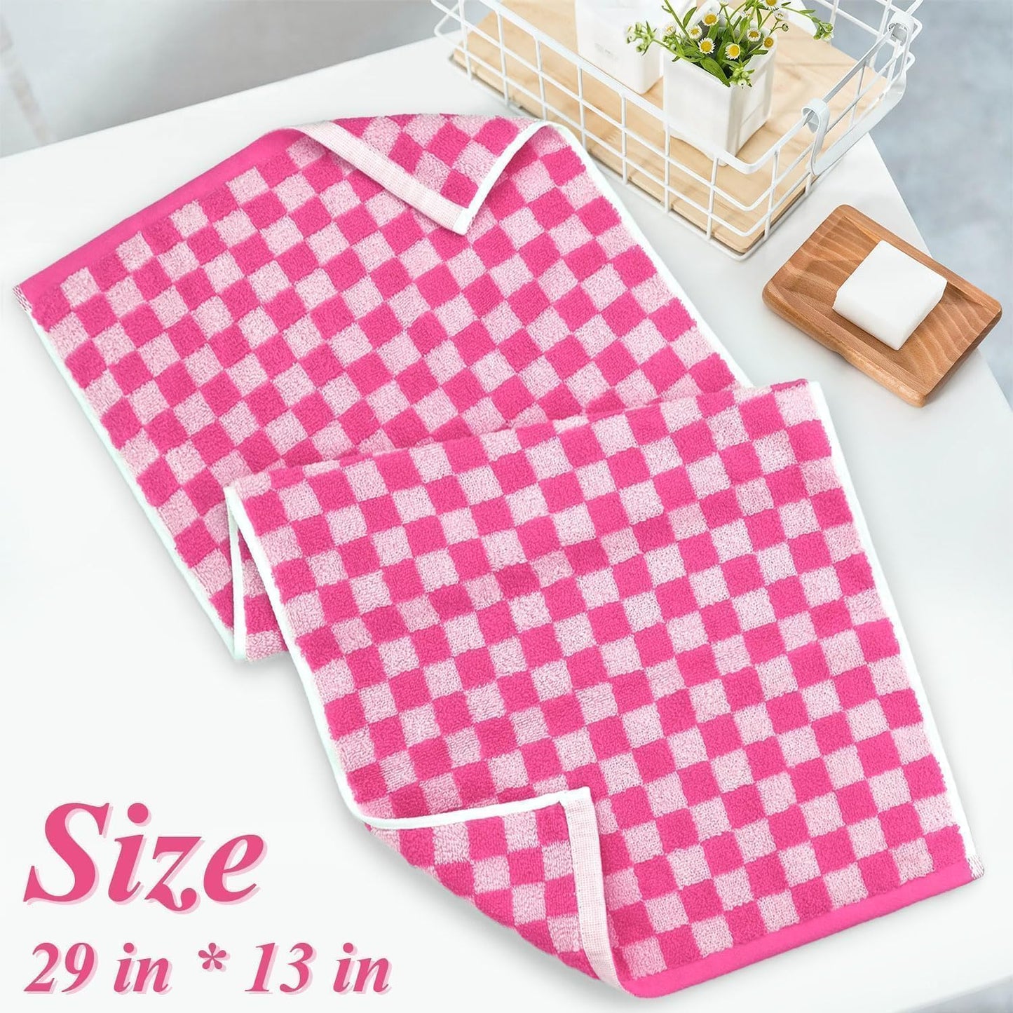 Jacquotha Pink Hand Towels 4 Pack, Cotton Decorative Bathroom Hand Towel & Checkered Kitchen Decor, 13" x 29"