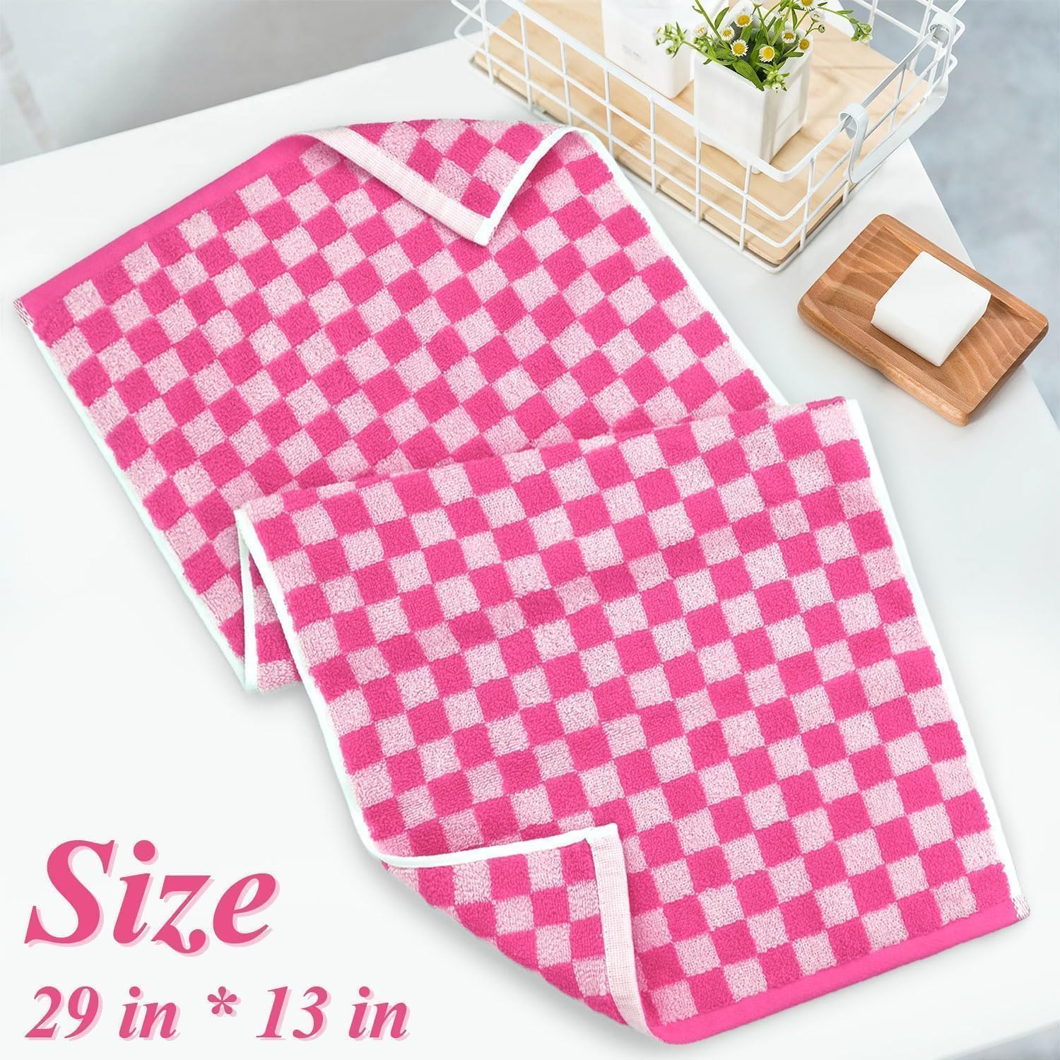 Jacquotha Pink Hand Towels 4 Pack, Cotton Decorative Bathroom Hand Towel & Checkered Kitchen Decor, 13" x 29"