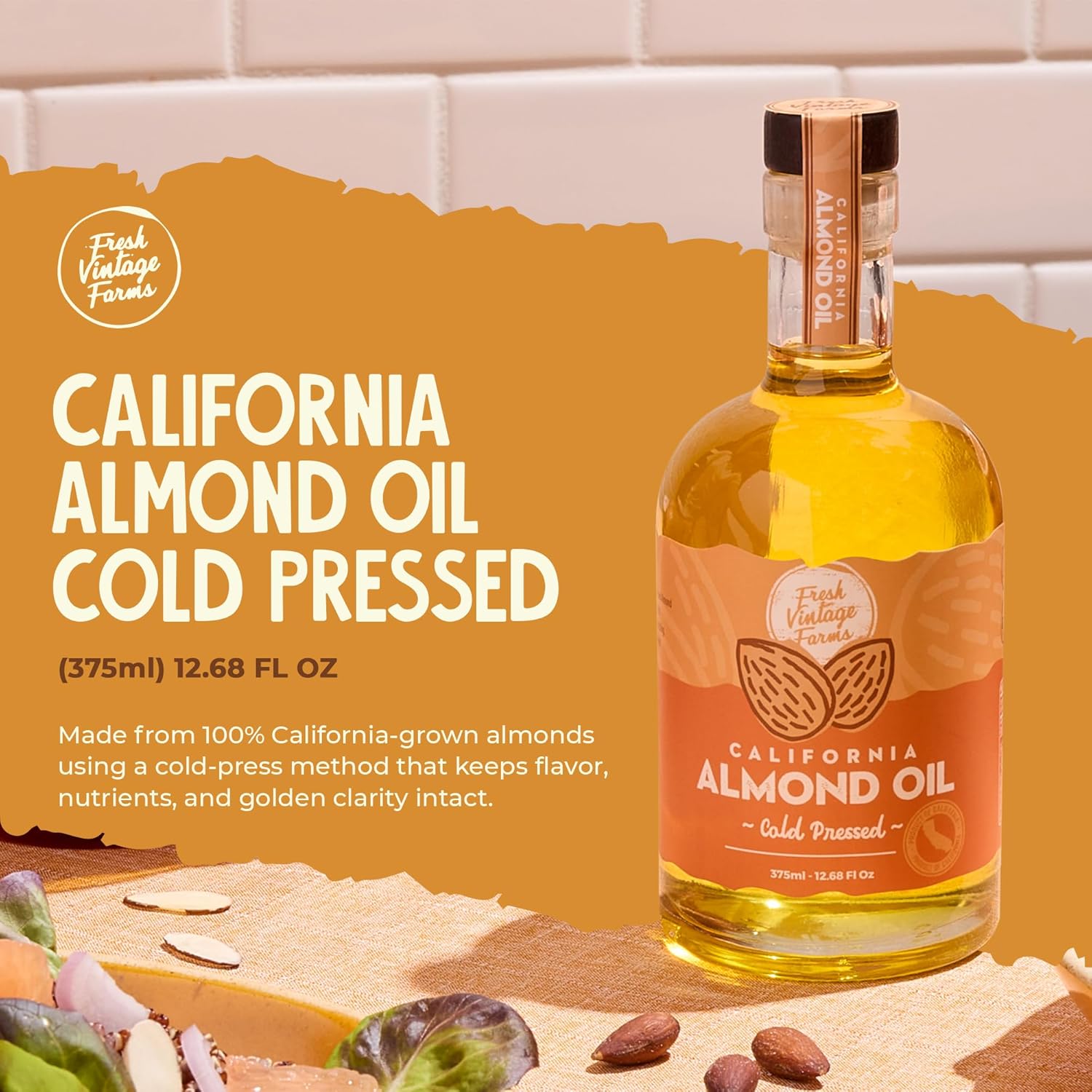 Fresh Vintage Farms 100% Cold Pressed Sweet Almond Oil | Nutrient-Rich Healthy Cooking Oil for Cooking, Baking, Grilling, Dipping, & Salads | Cold Pressed Almond Oil - 12.68 Fl oz, Pack of 1