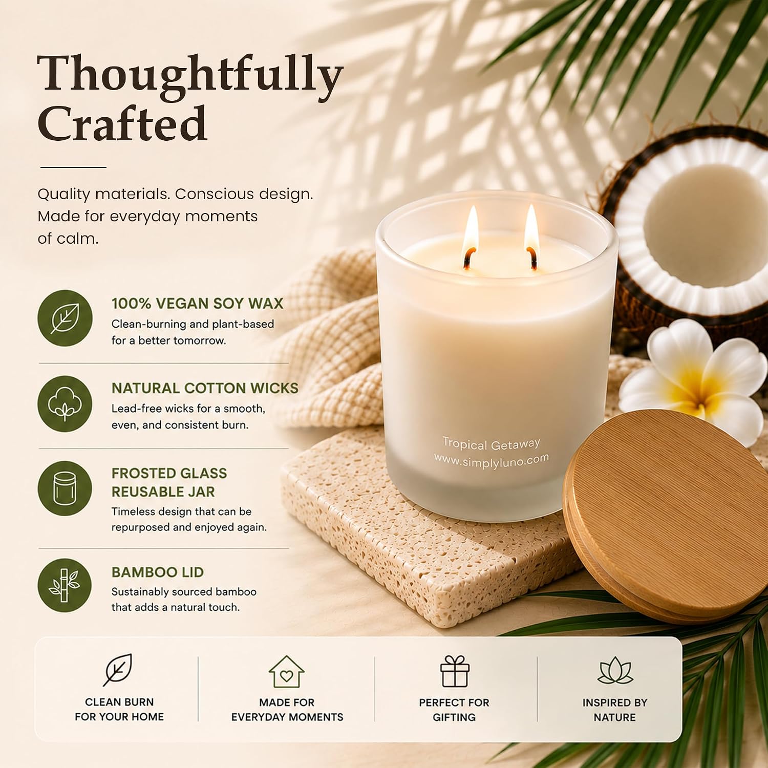 Tropical Getaway Coconut & Grapefruit Scented Candle | 14oz Soy Wax | 50+ Hour Long Lasting Burn | Reusable Glass Candle Jar with Bamboo Lid & Eco Friendly Gift Box |Luxury Scented Candle for Home