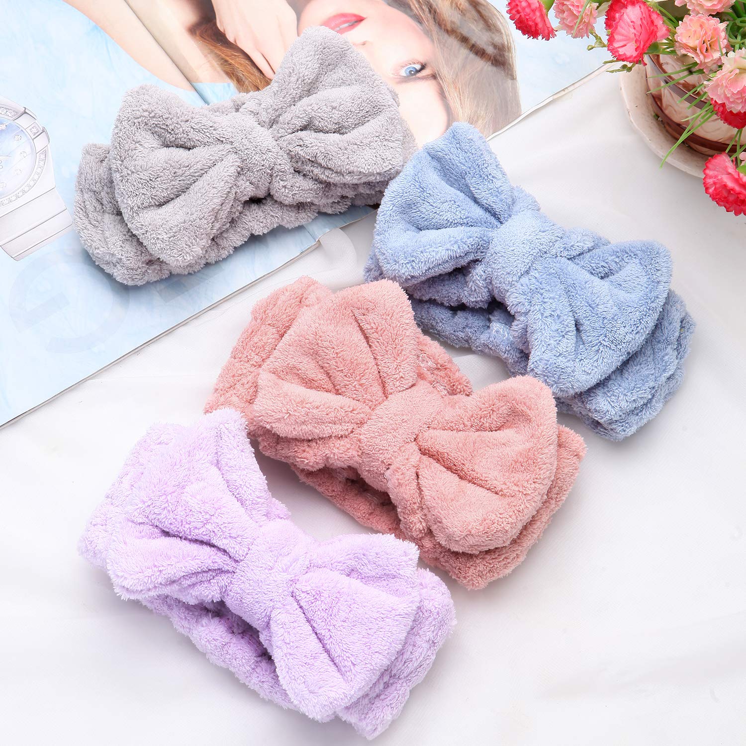 Senkary 4 Pack Makeup Spa Headband Microfiber Bow Towel Soft Fluffy Washing Face Headband for Women Girls Shower Bath Skincare (Pink, Light Blue, Purple, Gray)