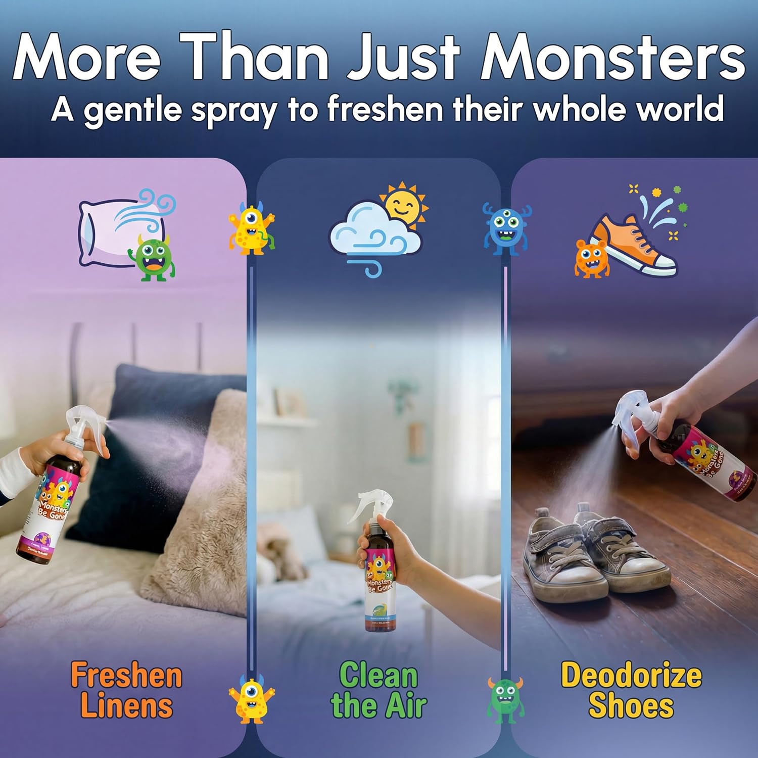 Monsters Be Gone Body and Linen Spray Lavender Odor Neutralizer Natural Non-Toxic Child Confidence Builder Room Freshener