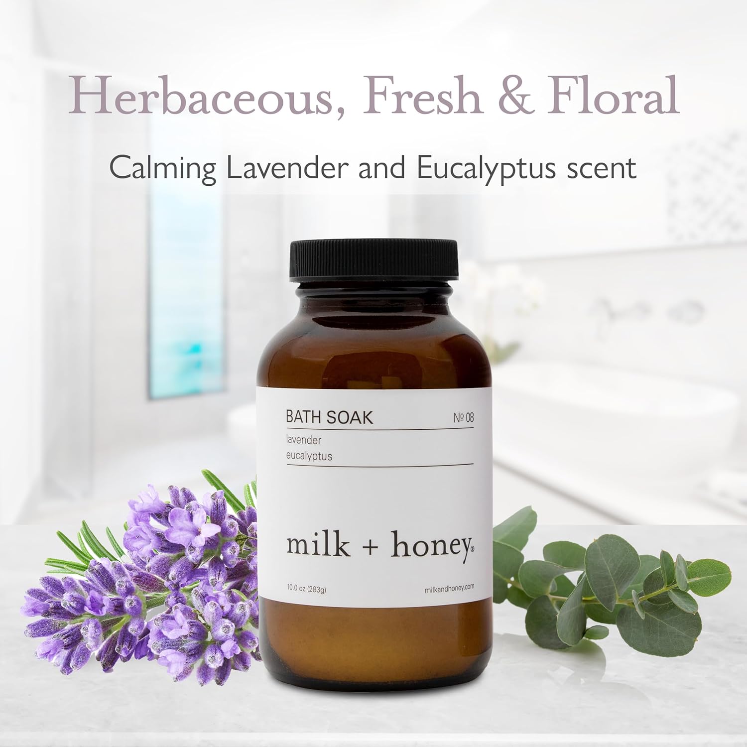 Milk + Honey Calming Bath Soak No. 8 – Moisturizing Epsom Salt with Lavender & Eucalyptus – Relaxing Aromatherapy Soak for Sore Muscles, Dry Skin & Stress Relief – 10 oz