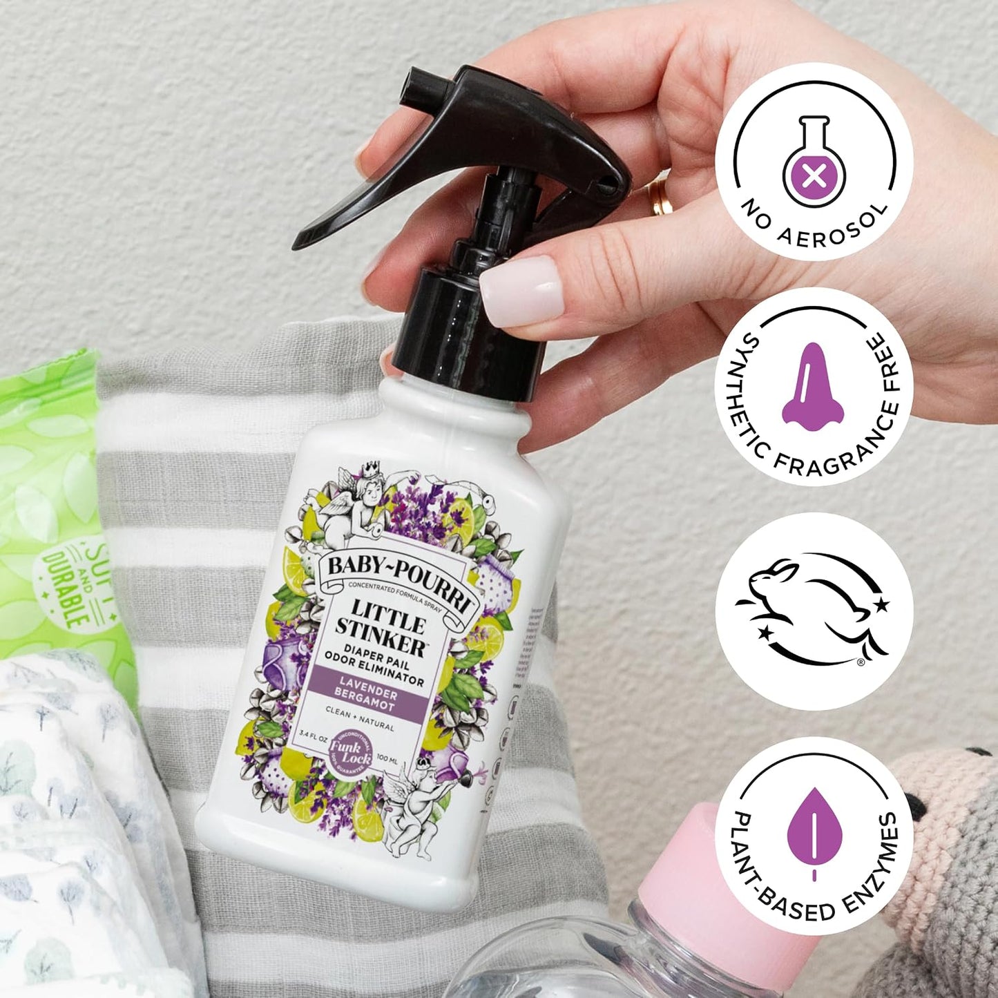 Baby-Pourri Little Stinker Diaper Pail Deodorizer Spray, 3.4 Fl Oz, Up to 150 Uses, Odor Freshener with Essential Oils, Nursery Essentials, Lavender, Bergamot, Eucalyptus & Vanilla Scent