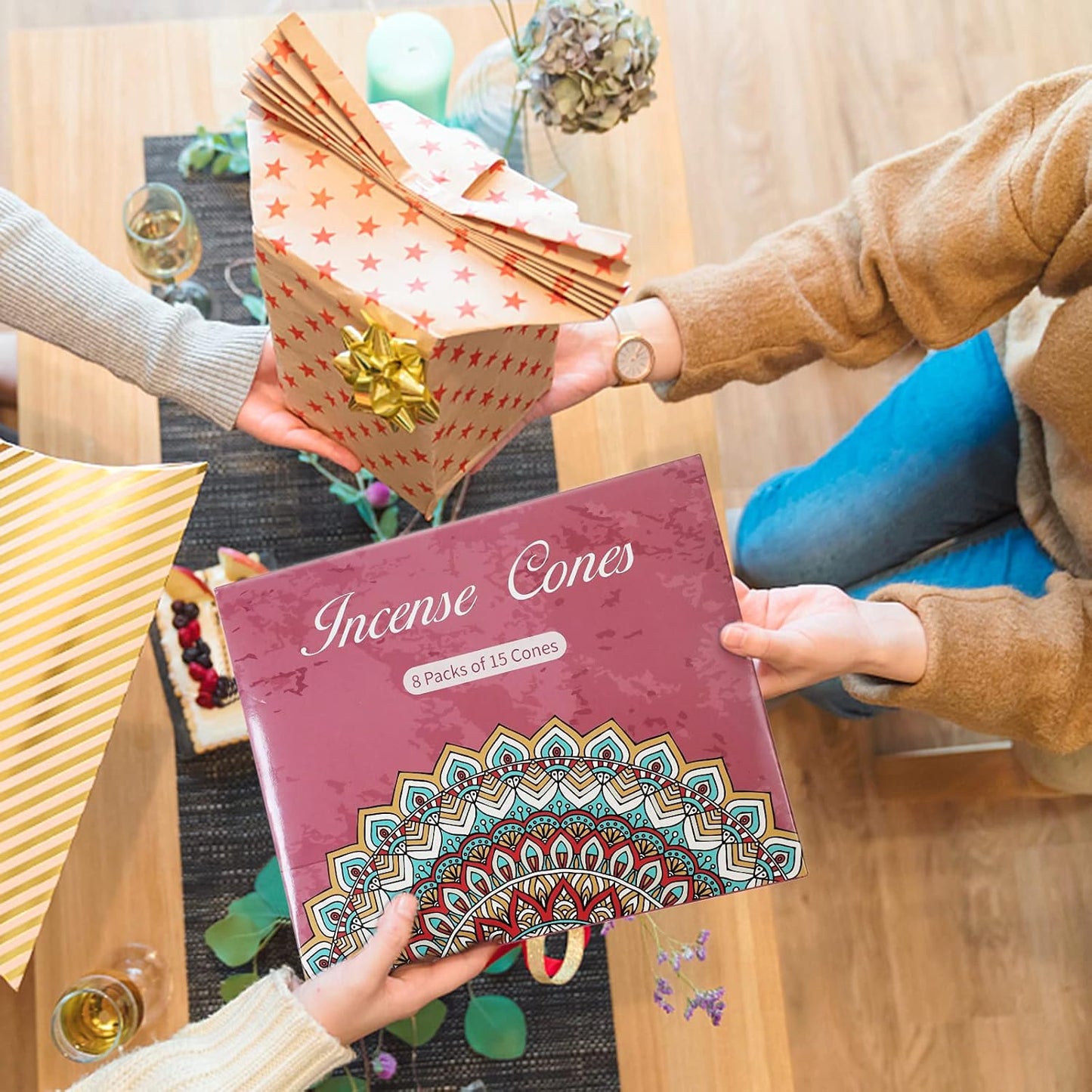 SCENTORINI Assorted Incense Variety Pack Gift Set with Holder - Scented Cones in Rose, Sage, Lavender, Violet, Cinnamon, Eucalyptus, Sandalwood, Rain Forest - 120 Cones Total