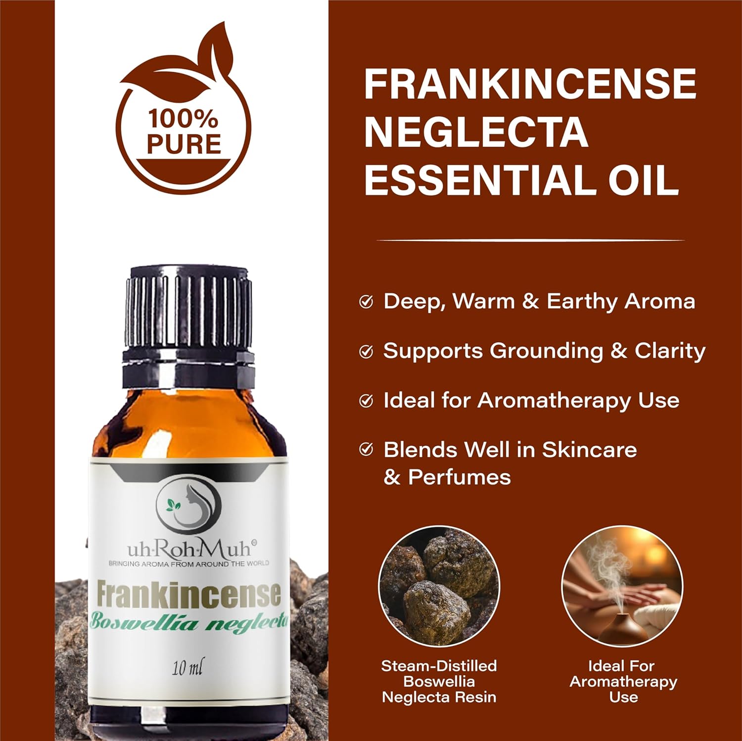 Frankincense Neglecta Essential Oil - Steam Distilled Boswellia Neglecta, Resin Oil, Warm Woody Aroma Base Note for Aromatherapy, Skincare, Massage, and DIY Cosmetic Blends - Ethiopia - 10 ml