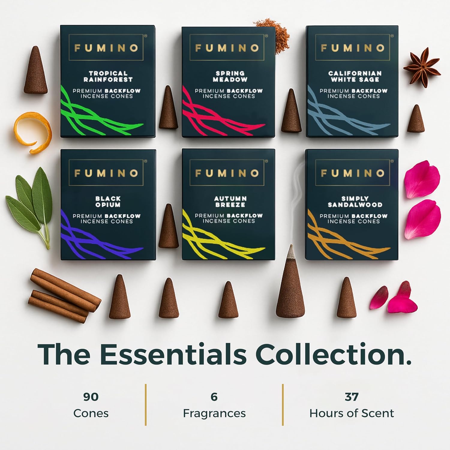 Fumino Backflow Incense Cones 90 Pack 6 Fragrances - Natural Masala Backflow Cones for Waterfall Cascade Smoke, Relaxation & Meditation, Bureau Veritas Certified, Hollow-Core for Backflow Burners