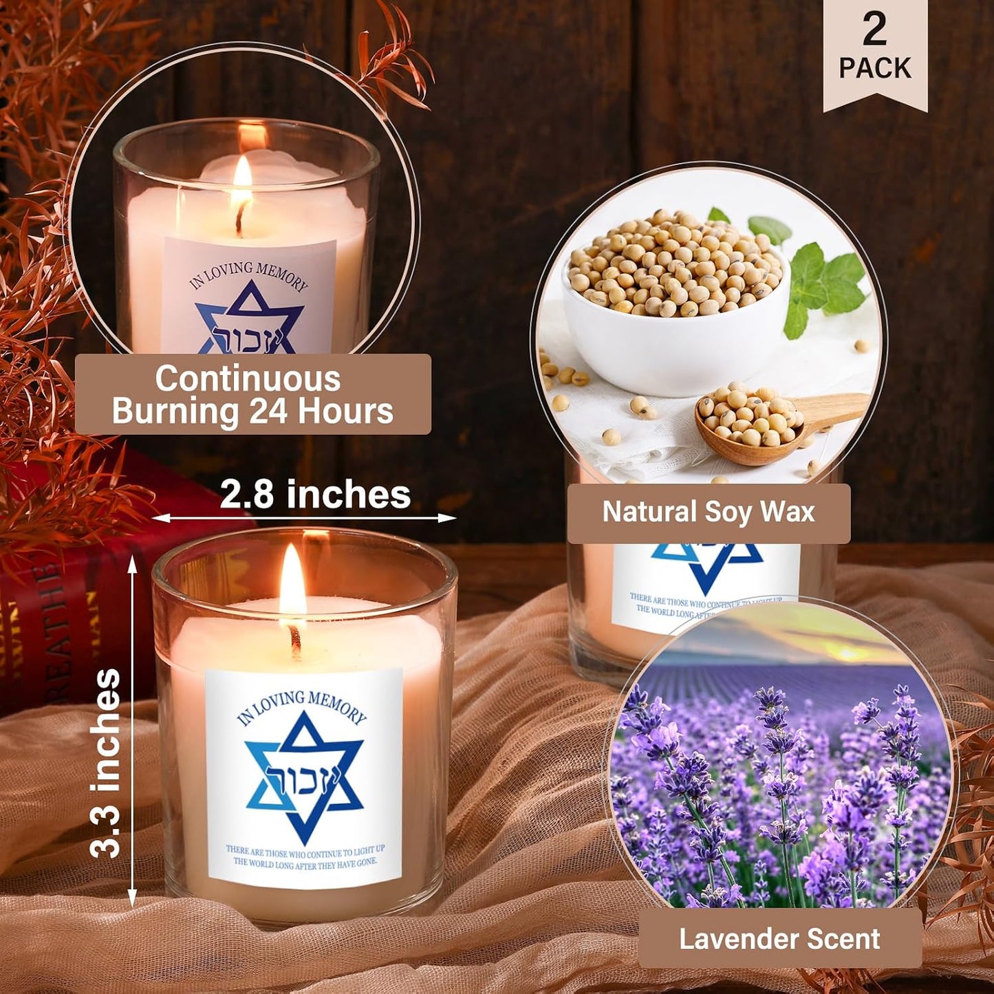 Conelist Yahrzeit Memorial Candles - Yom Kippur Jewish Sympathy Candles Bereavement Gifts Natural Soy Wax Hand Poured for Yizkor and Yom Kippur Holidays(2 Pcs)