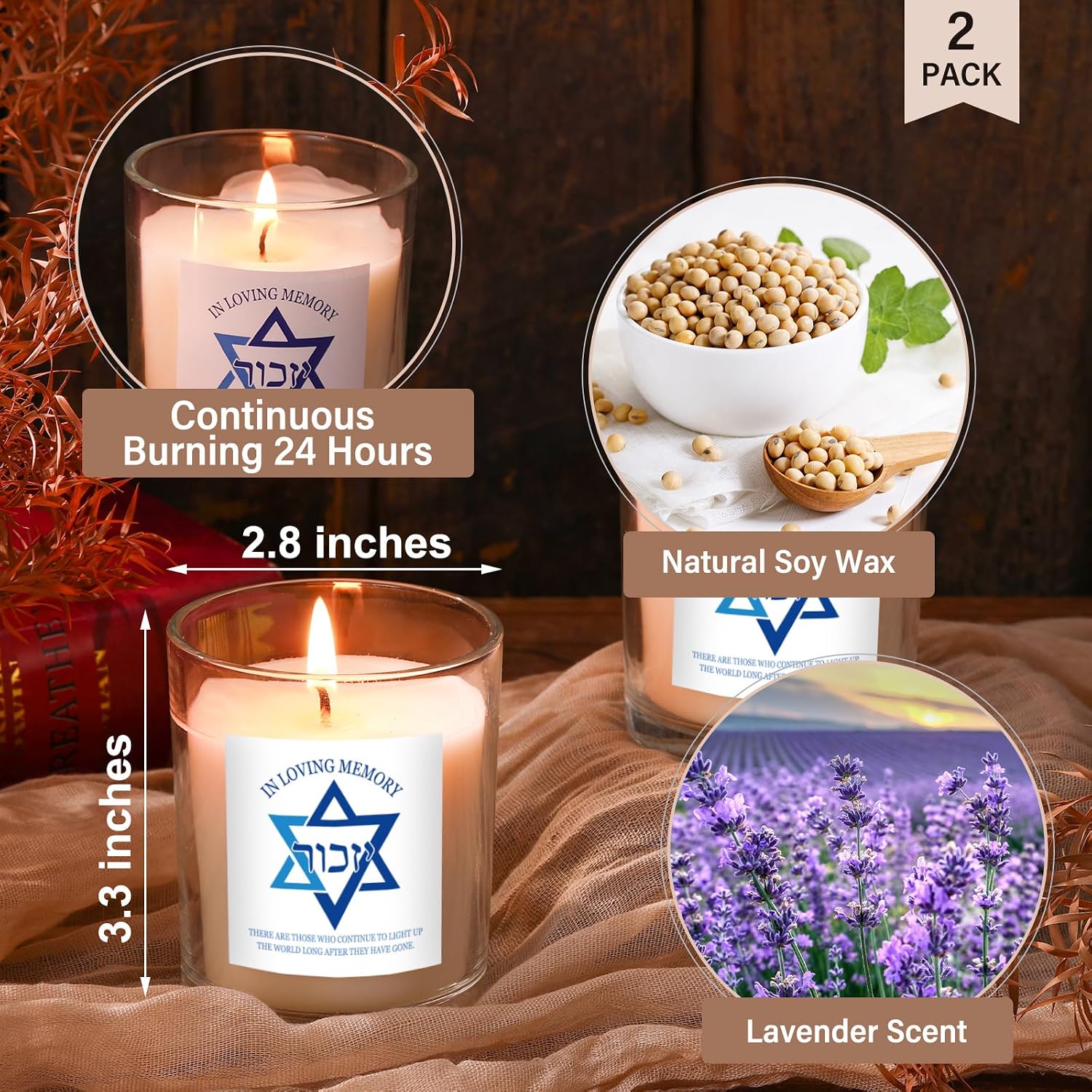Conelist Yahrzeit Memorial Candles - Yom Kippur Jewish Sympathy Candles Bereavement Gifts Natural Soy Wax Hand Poured for Yizkor and Yom Kippur Holidays(2 Pcs)