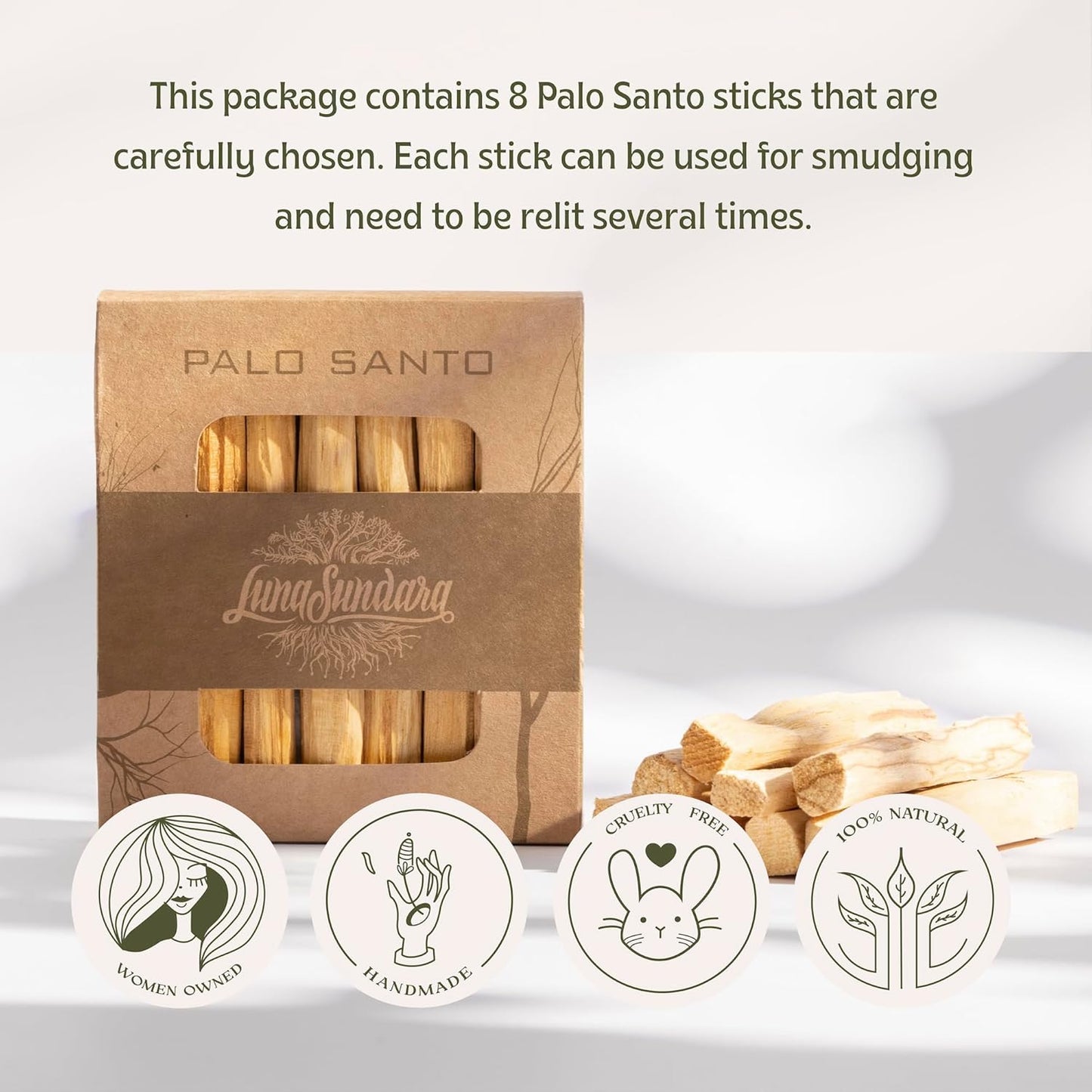 Luna Sundara Palo Santo Smudging Sticks, 8 Wild Harvested Sticks | Wild-harvested Bursera graveolens from Ecuador. Includes 8 aromatic palo santo sticks.