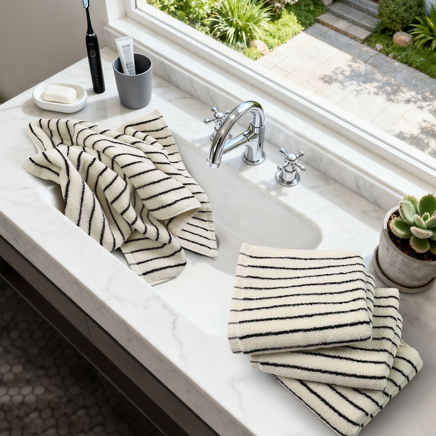 Jacquotha Hand Towels 4 Pack, Cotton Face Towels for Bathroom & Spa Days, Decorative Black Stripes for Kitchen Decor, 14” x 29”