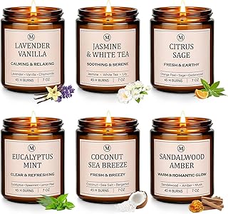 6-Pack Scented Soy Candle Set – Lavender Vanilla, Eucalyptus, Sandalwood, Jasmine & White Tea, Coconut, Sage | Natural Long Lasting Aromatherapy Candles for Home, Relaxation & Birthday Gifts