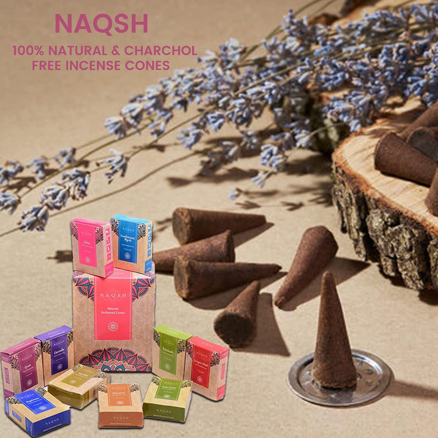 NAQSH Hand Rolled Incense Cones Scented Long Lasting Aroma for Positivity & Pure Air Meditation, Yoga, Aromatherapy, Relaxing & Refreshing (12, Natural Perfumed Cones)