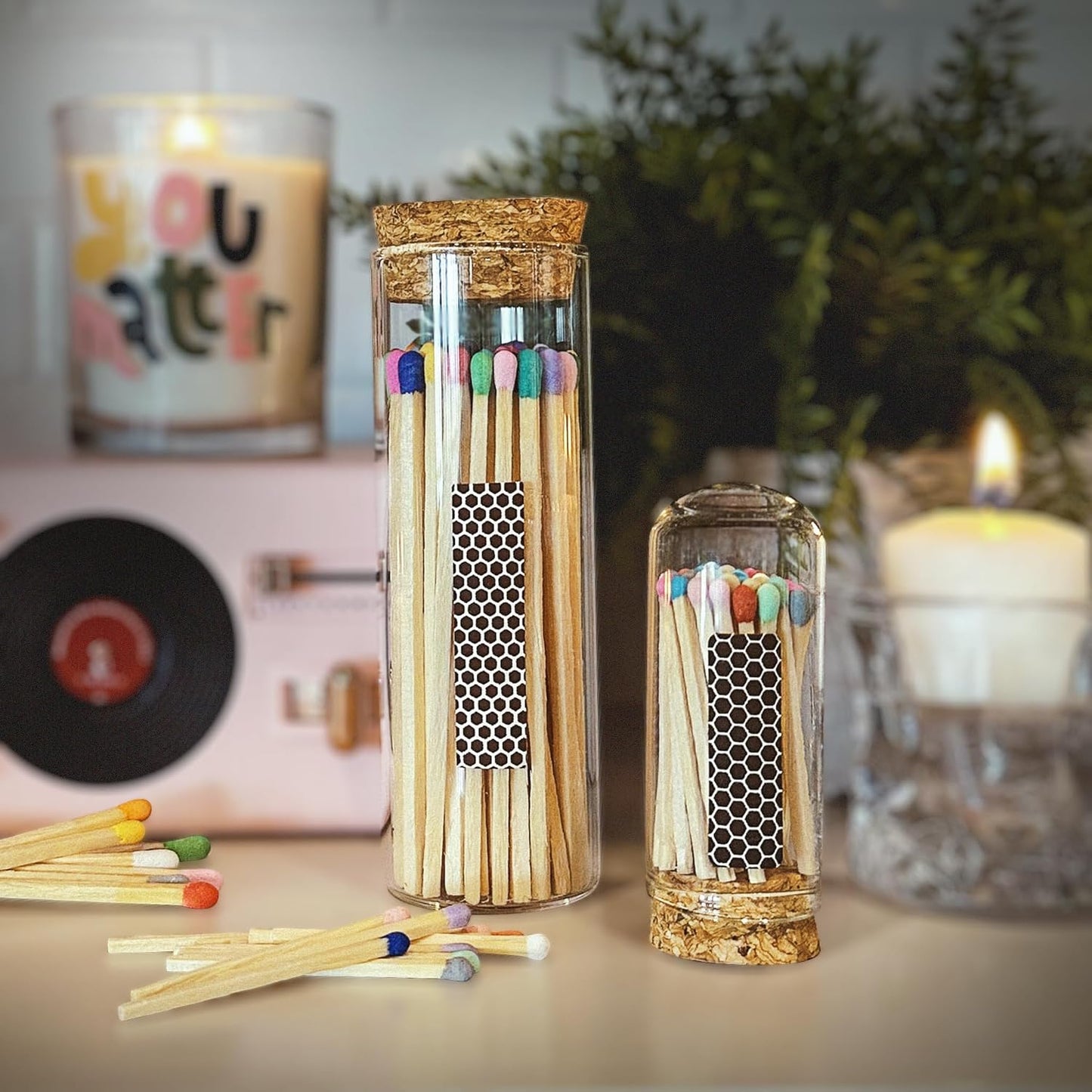 Thankful Greetings 4" Steel Blue Matches in a Jar + Striker Stickers Included | 100 Stylish & Modern Decorative Safety Matches with a Cork Top Glass Holder | Gifts, Home Decor, & Candle Accessories