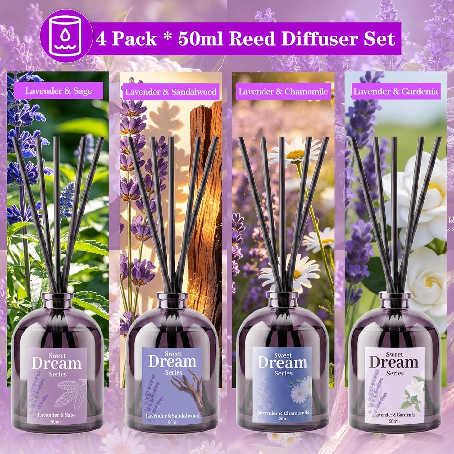 SCENTORINI Reed Diffuser Set for Sleep, Relax, 4 * 1.69oz, Natural Lavender Essential Oil Diffuser, Scented Reed Diffuser, Home Fragrance for Room Spa Bedroom Bathroom Hotel Home Decor