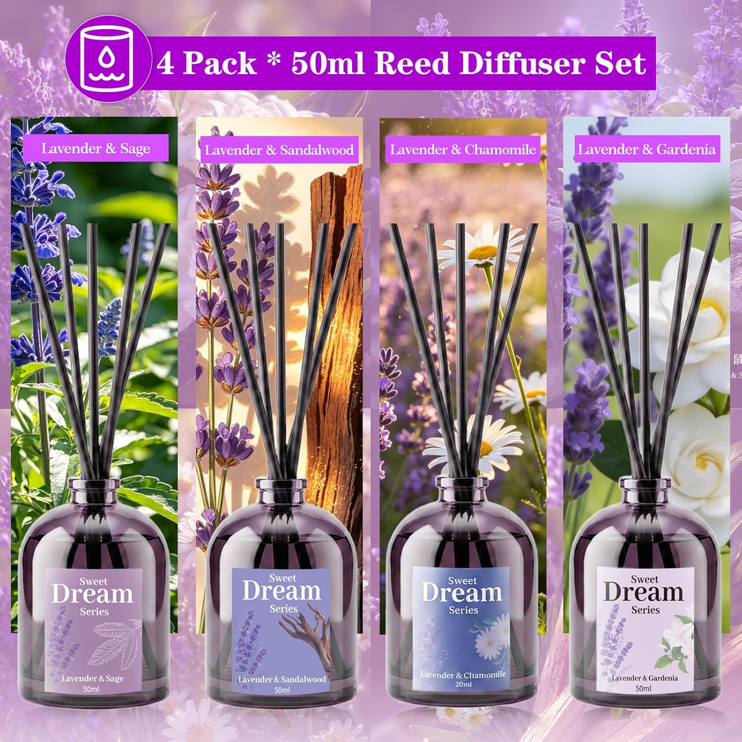 SCENTORINI Reed Diffuser Set for Sleep, Relax, 4 * 1.69oz, Natural Lavender Essential Oil Diffuser, Scented Reed Diffuser, Home Fragrance for Room Spa Bedroom Bathroom Hotel Home Decor