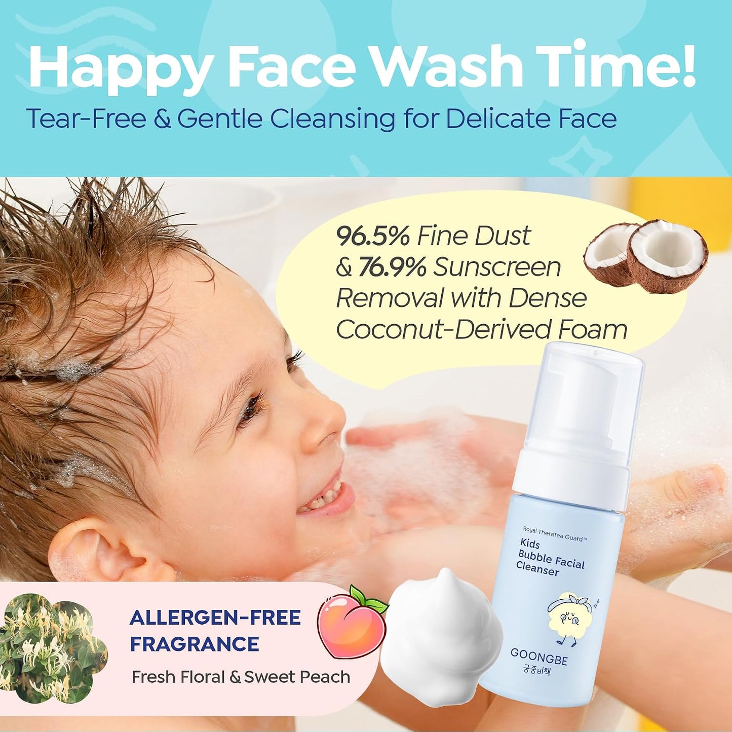 GOONGBE Kids Bubble Face Wash – Tear-Free Micellar Foam Cleanser for Sensitive Skin – Gentle Sunscreen Removal, Low pH with Panthenol & Cica – Pump Foam, Allergen-Free, 3.38 fl oz