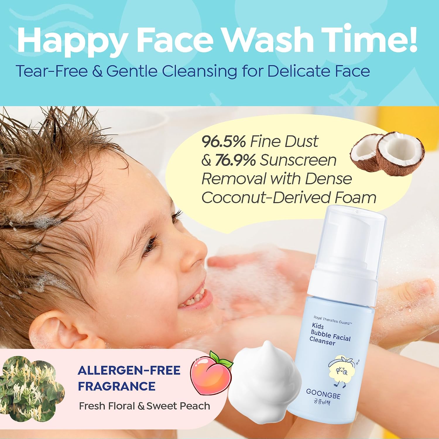GOONGBE Kids Bubble Face Wash – Tear-Free Micellar Foam Cleanser for Sensitive Skin – Gentle Sunscreen Removal, Low pH with Panthenol & Cica – Pump Foam, Allergen-Free, 3.38 fl oz
