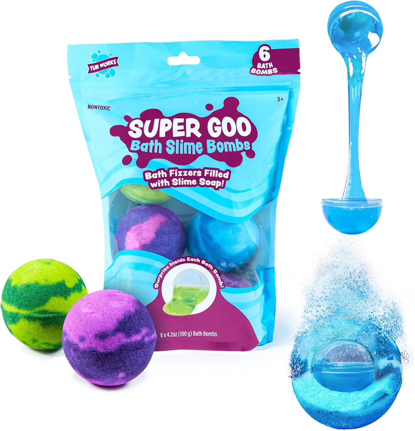 Tub Works Super Goo Bath Slime 'Surprise' Bombs, 6 Pack | Kids Bath Bombs With Surprise Inside | Nontoxic | Stretchy, Squishy Slime Soap | Sensory Fun for Kids
