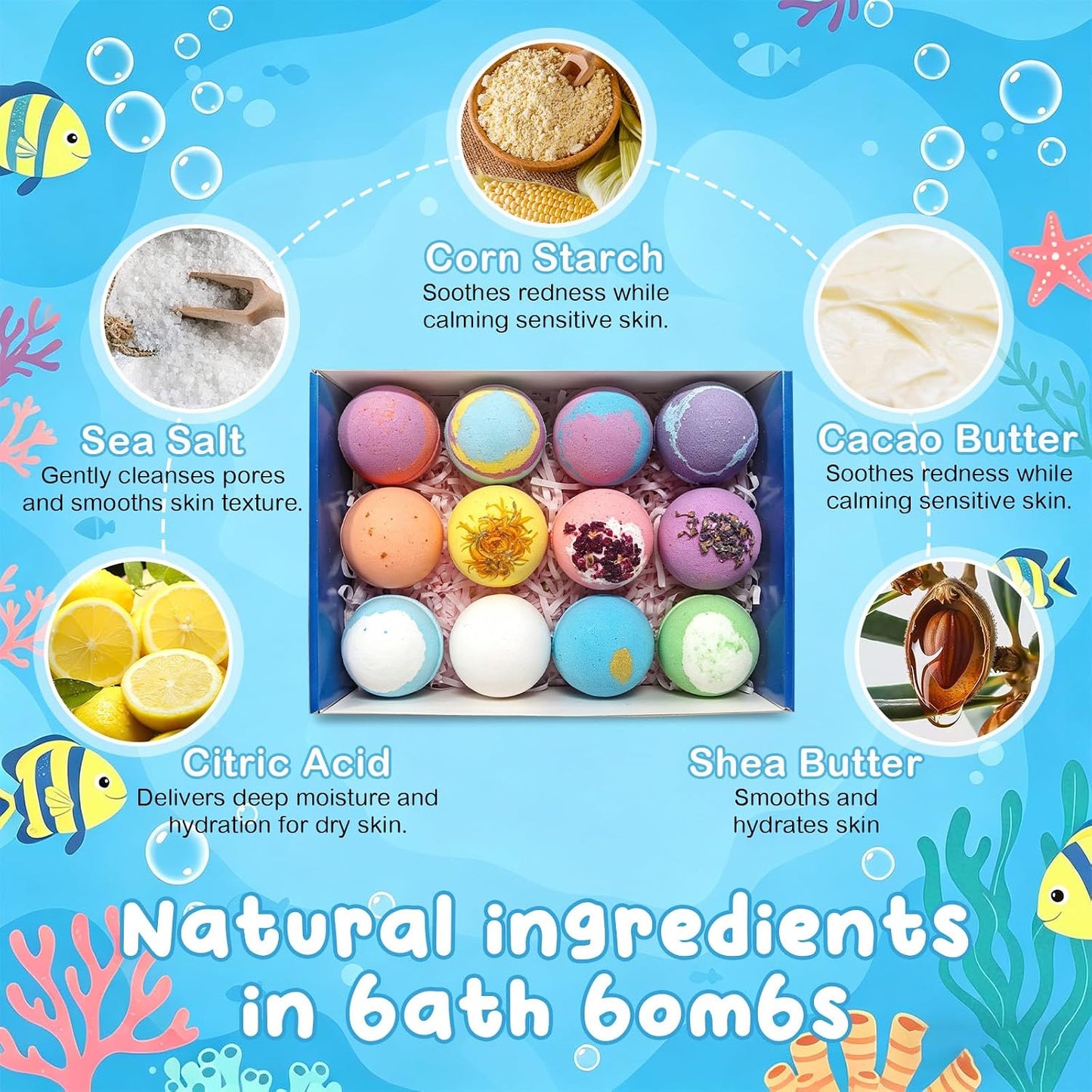 12 PCS Natural Bath Bombs with Toys Inside, 2026 Upgrade Play Fizz Bath Bombs Gift Set with 12 Different Fragrances, Ocean Theme Bath Fizzies, Sea Salt Color Changing Spa Easter Bath Balls