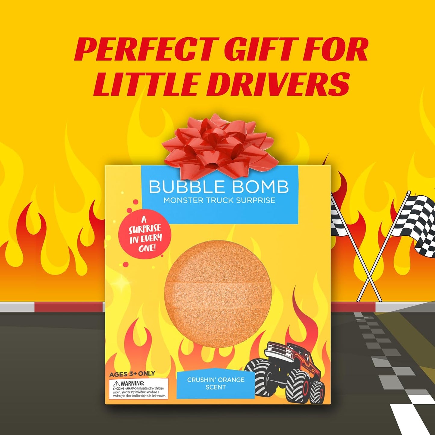 Monster Truck Bath Bomb for Kids with Surprise Monster Truck Toys Inside (1 Pack) – Large 9 Oz Bath Bombs for Boys – Orange Scent, Skin-Safe, USA Made - Children Gift with Car Bath Toys by Two Sisters
