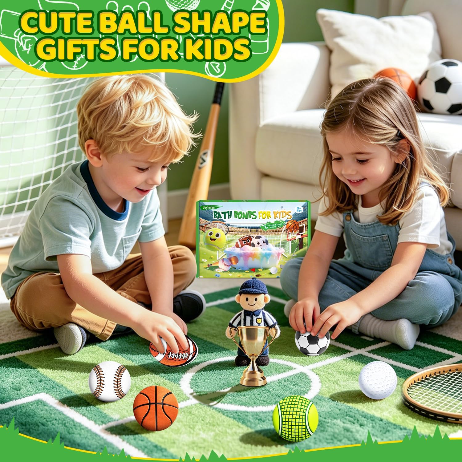 Bath Bombs for Kids, STEM 6-Pack Organic Handmade Bath Bomb Sports Themed, Basketball, Football, Rugby, Golf, Tennis Shapes, Mild Skin-Friendly SPA Toy, Nice Daily Reward and Holiday Gifts