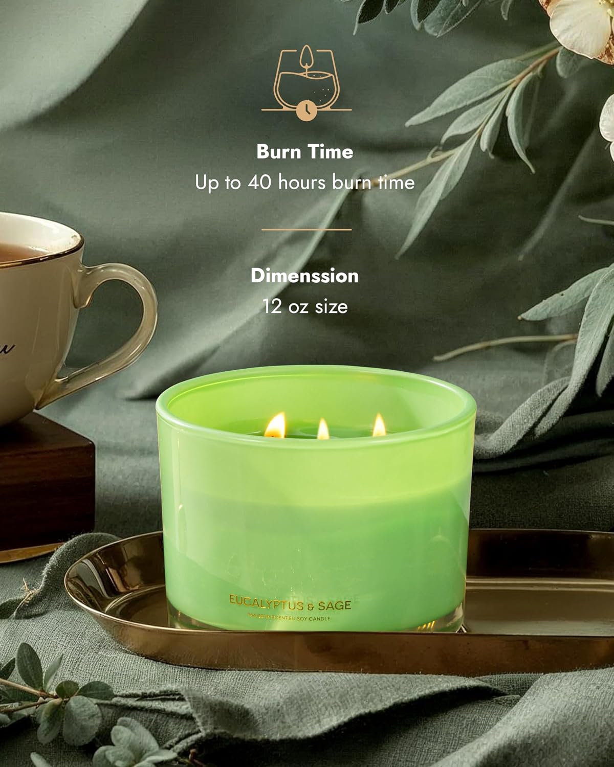 96NORTH Luxury Eucalyptus & Sage Soy Candle | Large 3 Wick Jar Candle | Up to 50 Hours Burning Time | 100% Natural Soy Wax | Housewarming Gift for Men and Women