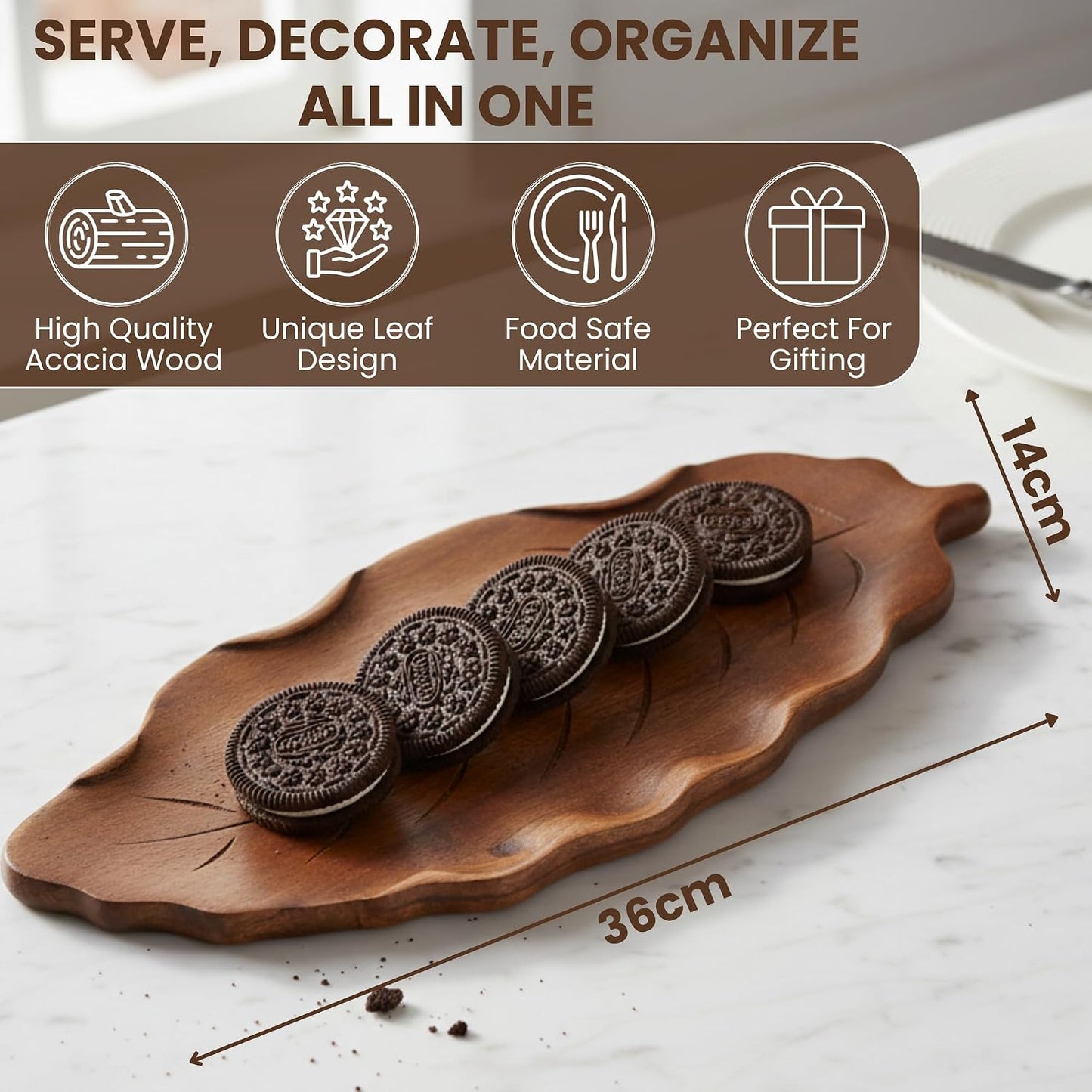 Acacia Wood Leaf Tray - 14" Decorative Tray for Candles, Perfume, Leaf Wooden Jewelry Tray Trinket Dish - Farmhouse Table Centerpiece - Wooden Trays for Coffee Table Wedding Home Decor