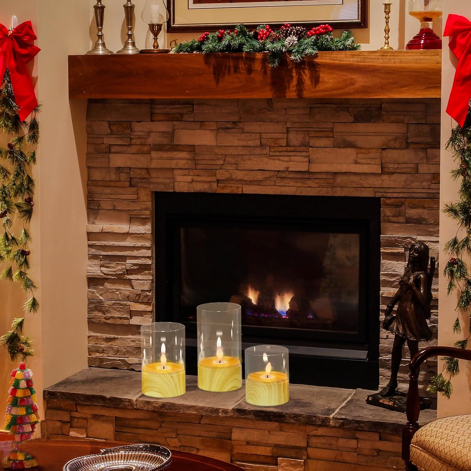 Battery Operated Candles with 6H Timer, 3 Pack Glass LED Flikcering Flameless Candles, Clear Pillar Candles with 3D Flame for Spring Wedding Home Bedroom Decor(Set of 3)