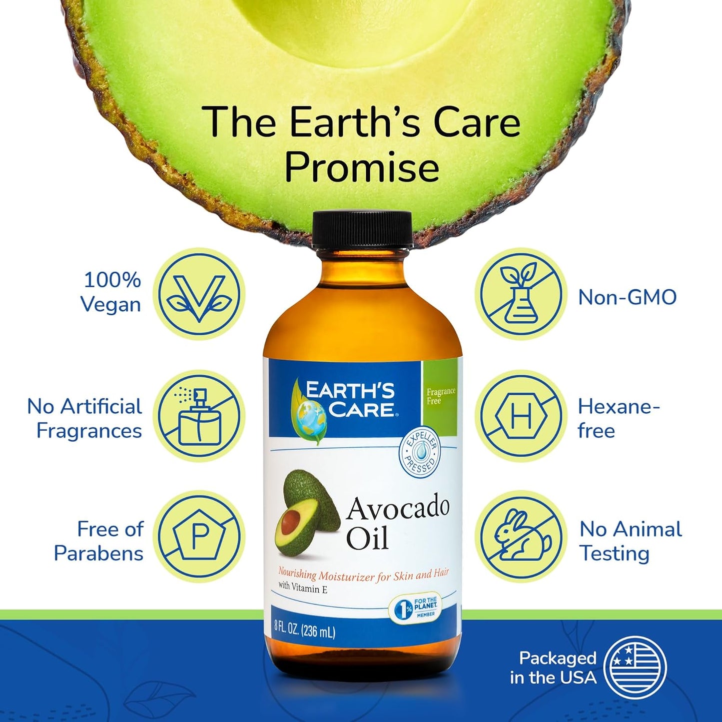 Earth’s Care Avocado Oil - Avocado Oil for Hair and Skin with Vitamin E, Glass Bottle, 8 FL. OZ.