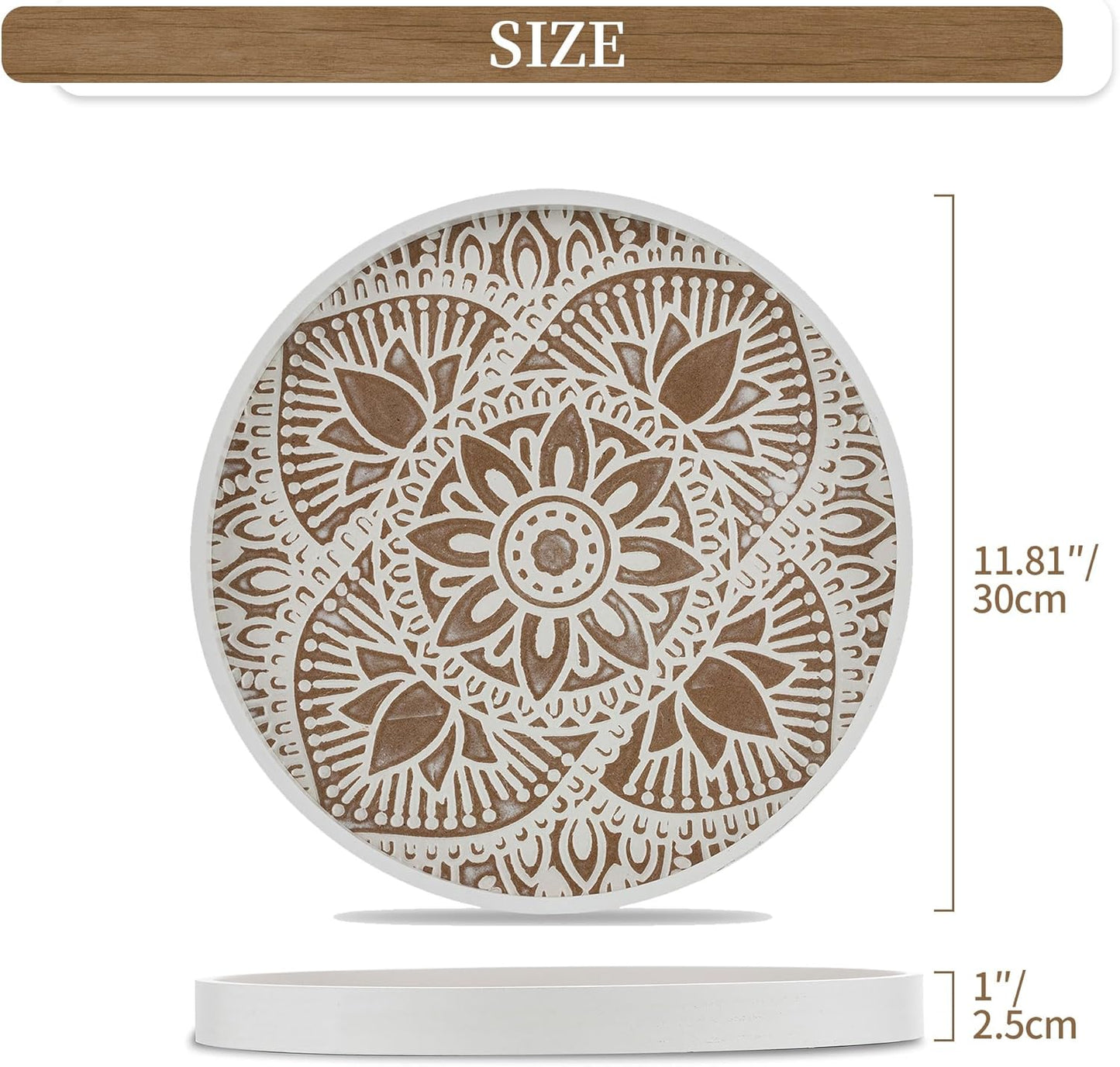 Hanobe Decorative Serving Tray Round: Farmhouse Coffee Table Decor Boho White Mandala Trays for Living Room Kitchen Bathroom Display