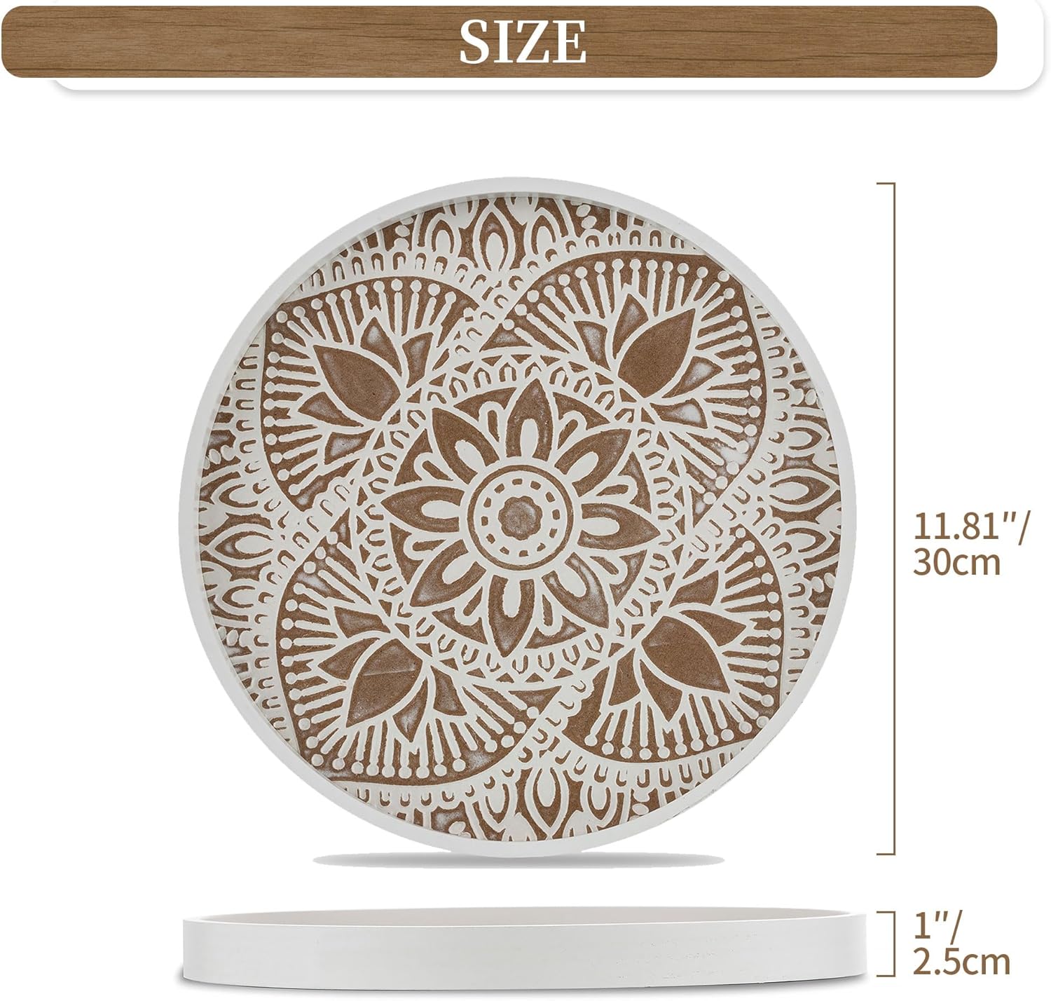 Hanobe Decorative Serving Tray Round: Farmhouse Coffee Table Decor Boho White Mandala Trays for Living Room Kitchen Bathroom Display
