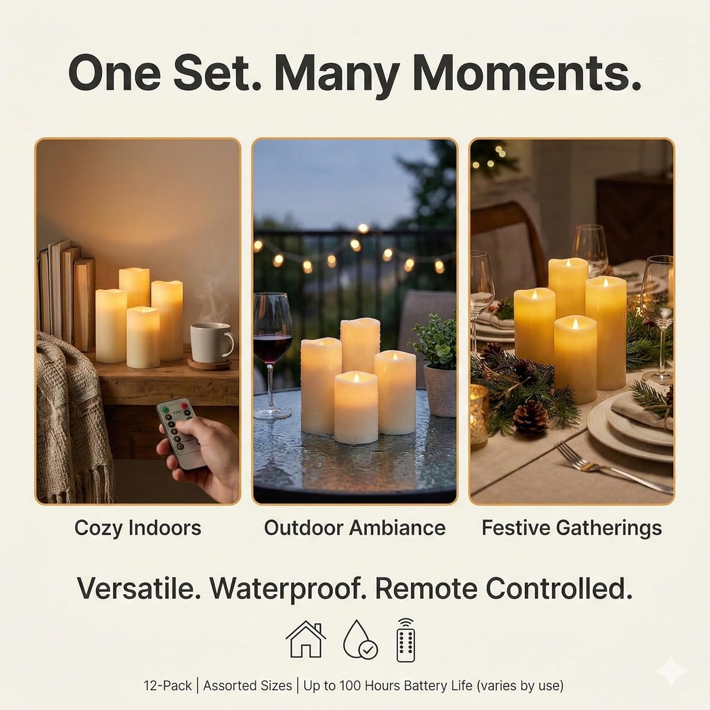 Waterproof Flameless Candles, 12 PC Battery Operated LED Pillar Candles with 2 Remote Controls & Timer, Flickering Indoor Outdoor Candles for Wedding, Patio, Easter, Bathroom, Home Decor, 4''5''6''