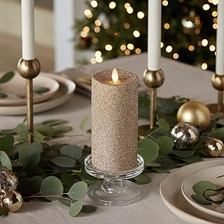 Luminara Realistic Artificial Flame Gold Glitter Pillar Candle - Moving Flame LED Battery Operated Lights - Unscented - Remote Ready - Remote Sold Separately - 3" x 6.5"