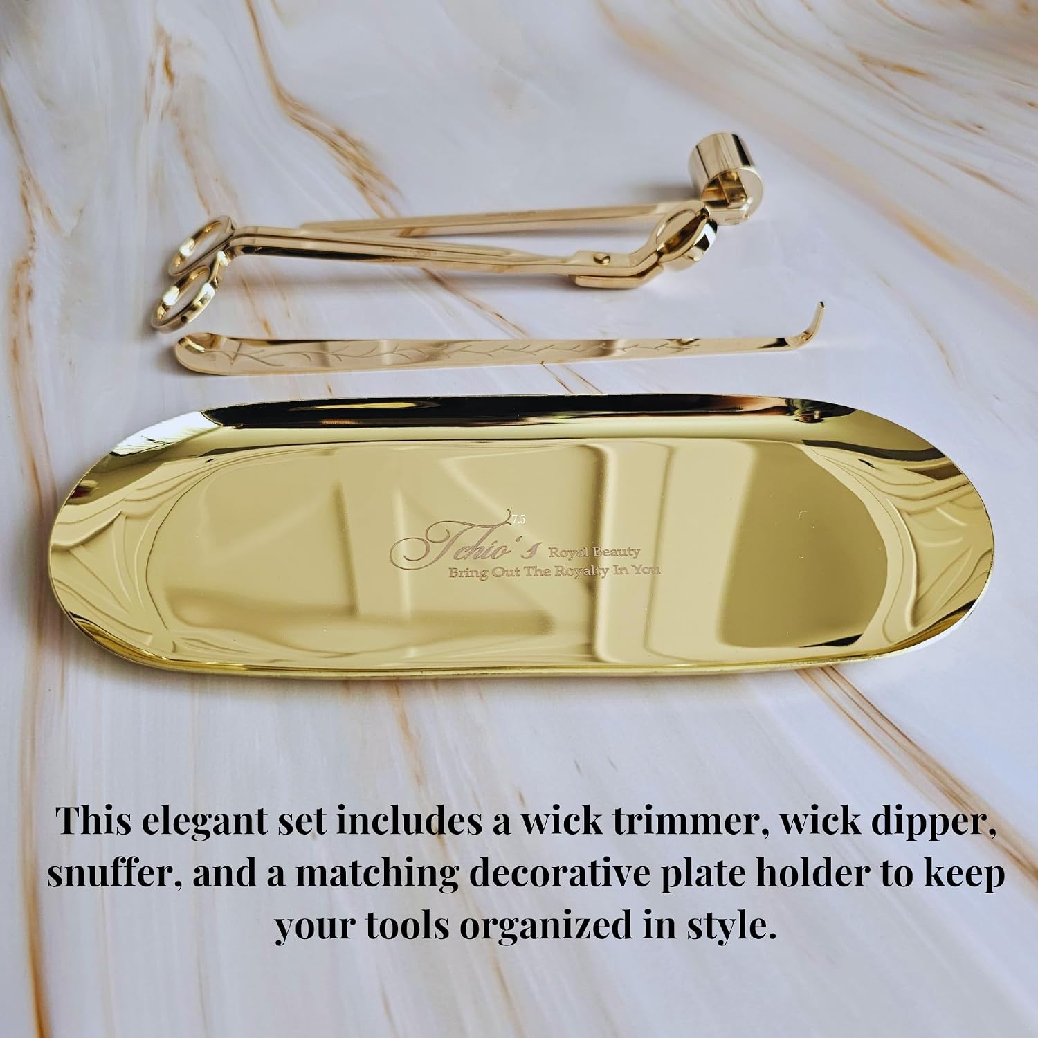 Candle Wick Trimming Set – 4-Piece Gold-Plated Kit with Decorative Tray – Wick Trimmer, Snuffer, Dipper – Luxury Gift Box Included