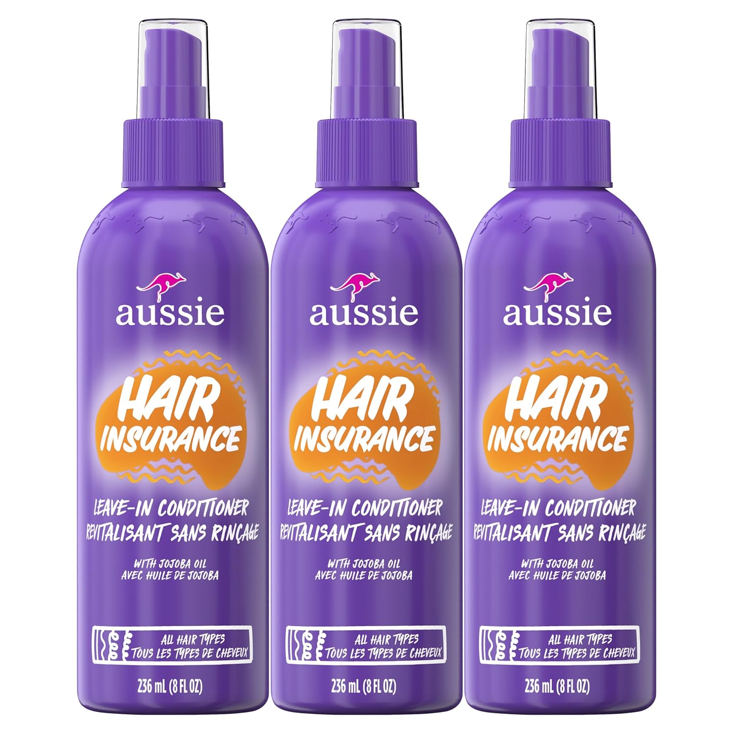 Aussie Hair Insurance Leave-In Conditioner Spray: Moisturizing Frizz Control & Detangler with Jojoba Oil (8 Fl Oz Each, 3-Pack)