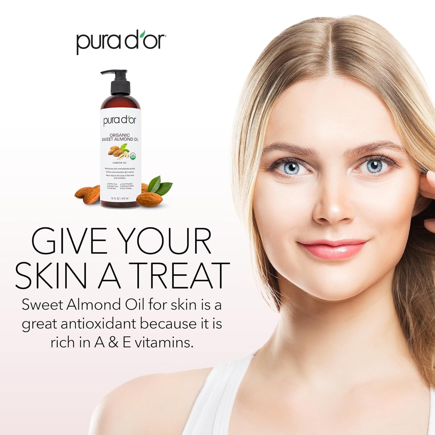 PURA D'OR 16 Oz ORGANIC Sweet Almond Oil-100% Pure&Natural USDA Certified Cold Pressed Carrier Oil For DIY Beauty-Non-Greasy,Unscented,Hexane Free Moisturizer-Massage-Oil For Hair&Skin,(Pack of 2)