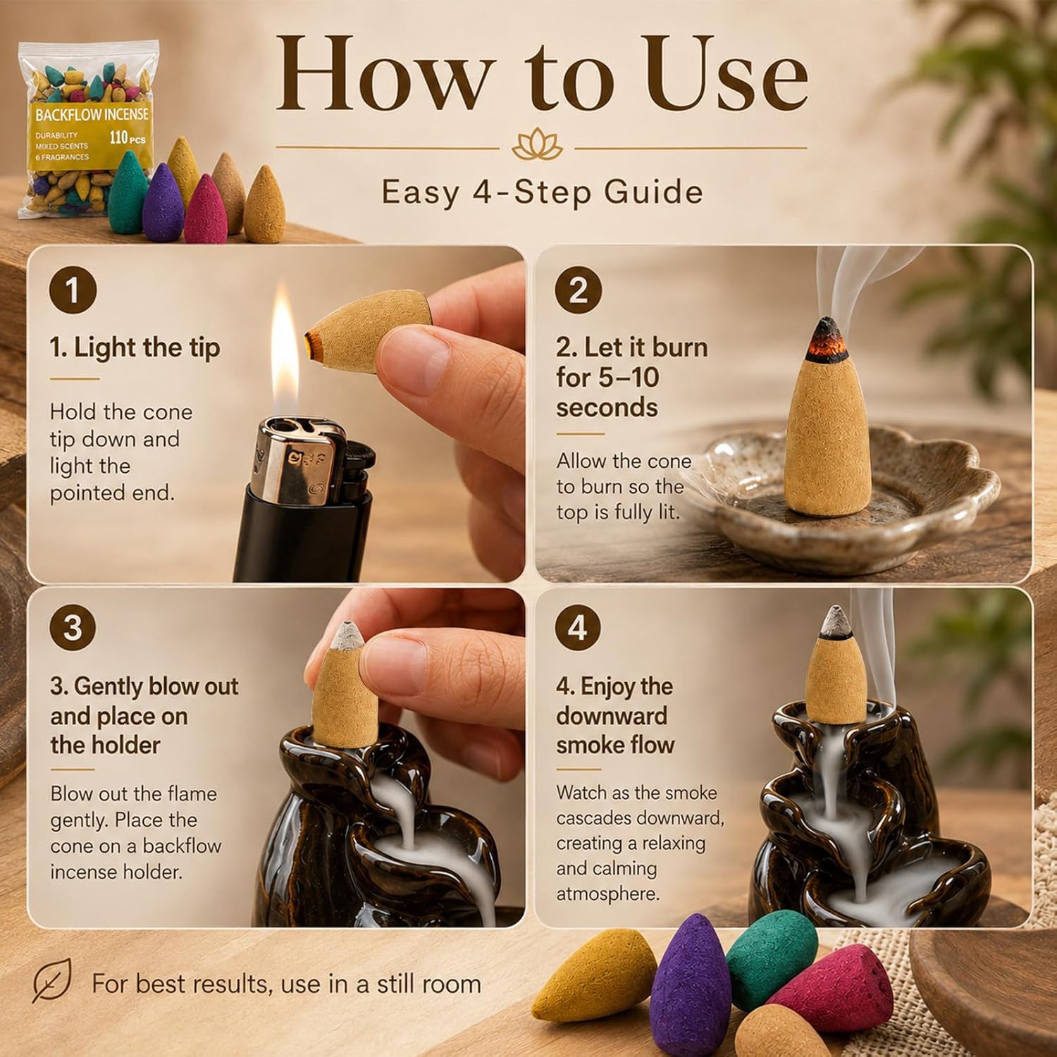 110Pcs Backflow Incense Cones for Waterfall 6 Different Mixed Natural Incense Waterfall Cones